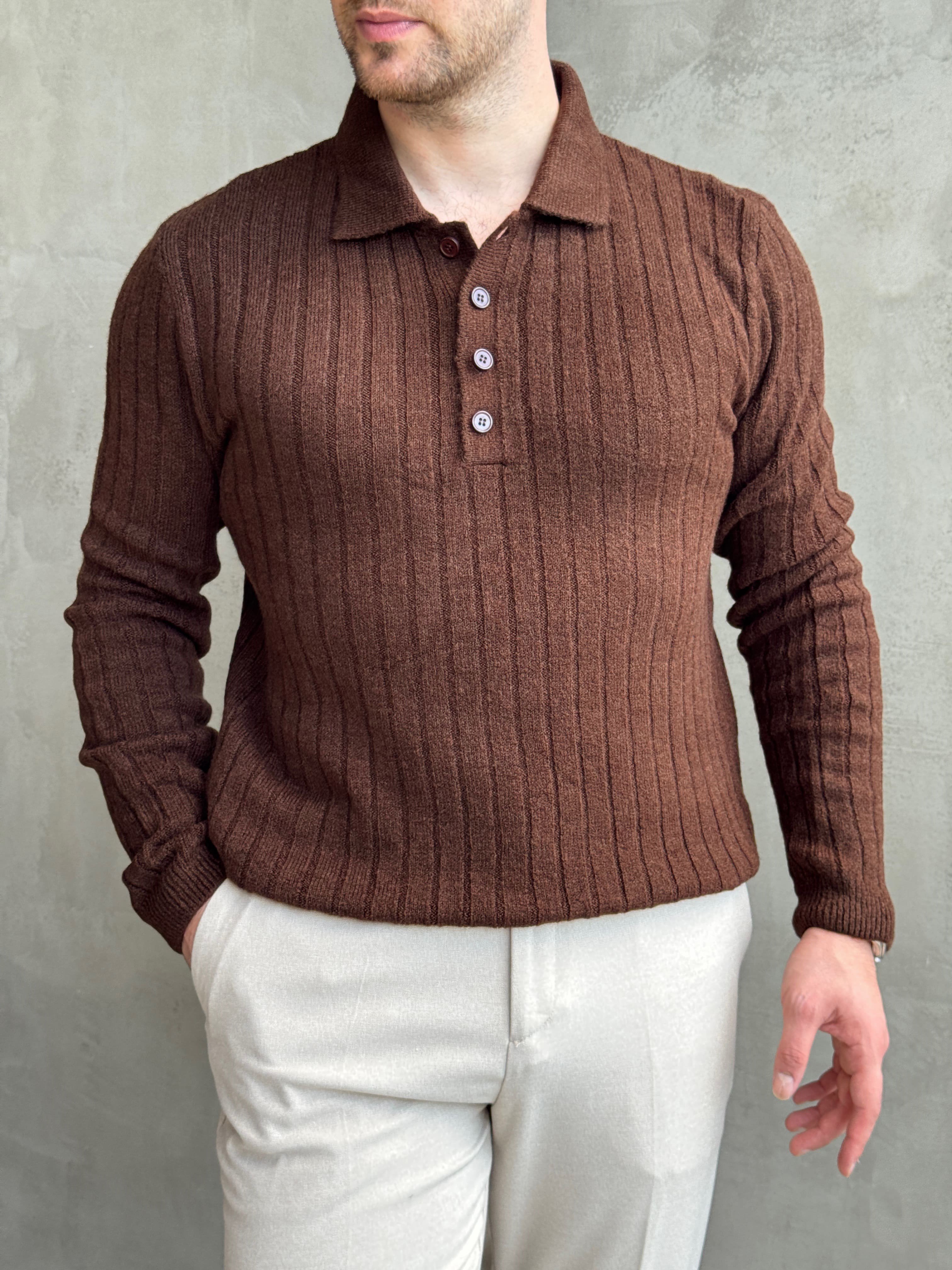 Erkek Yeni Sezon Regular Fit Düğme Detaylı Polo Yaka Triko Kazak-Kahverengi(E1833)Ketench