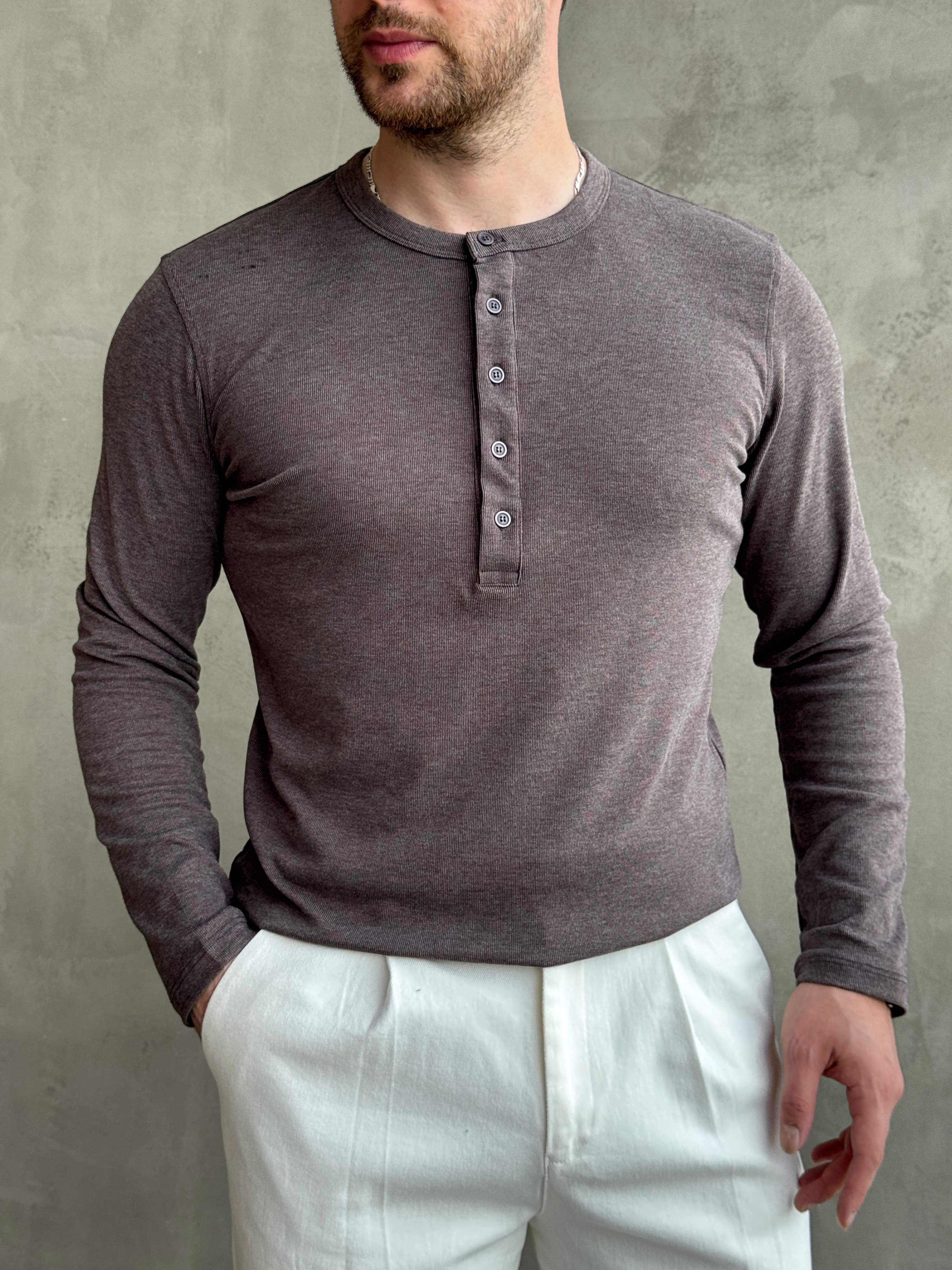Erkek Yeni Sezon Regular Fit Düğme Yaka İnce Triko Basic Kazak-Kahverengi(E1845)Ketench