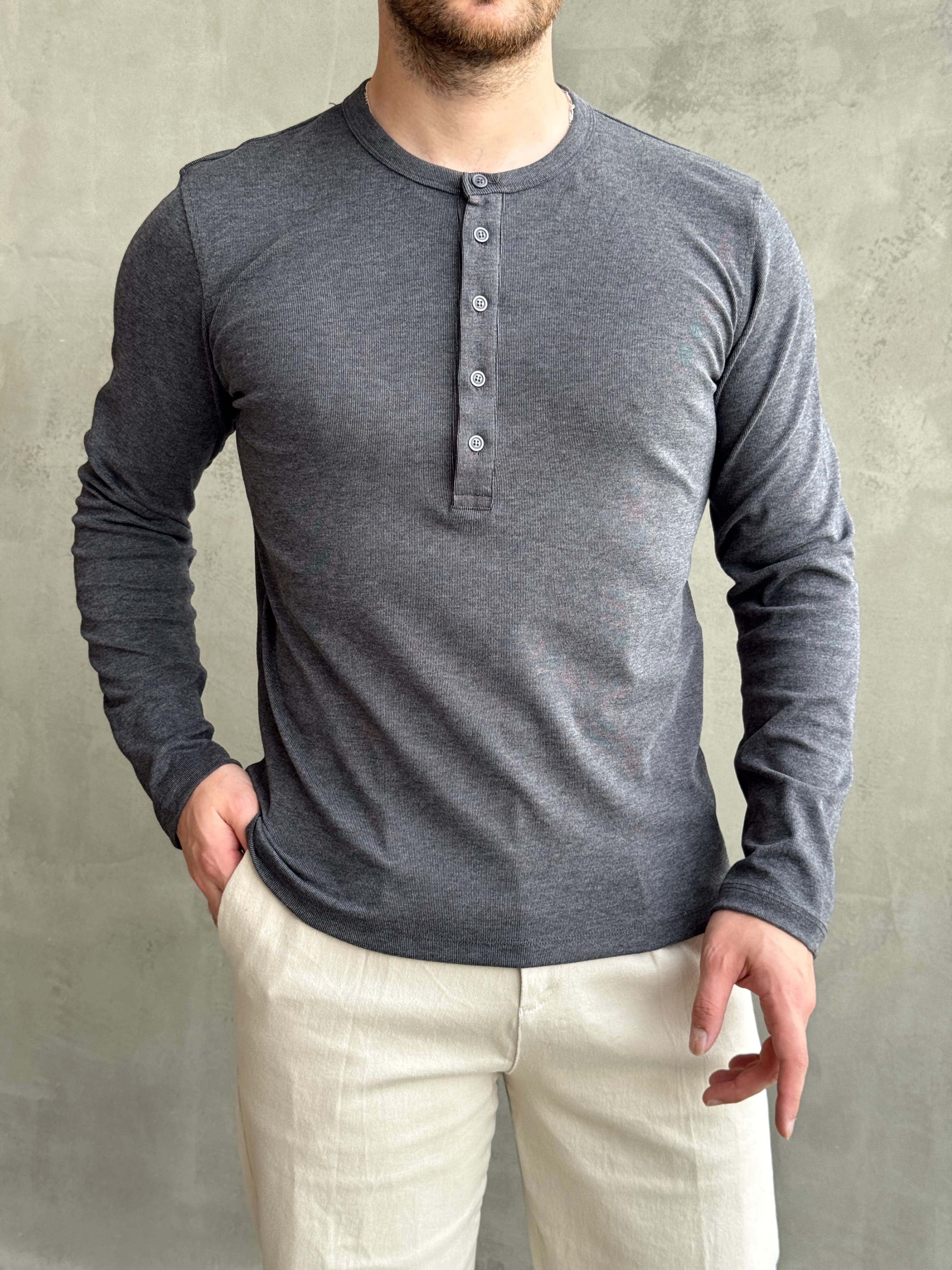 Erkek Yeni Sezon Regular Fit Düğme Yaka İnce Triko Basic Kazak-Antrasit(E1845)Ketench