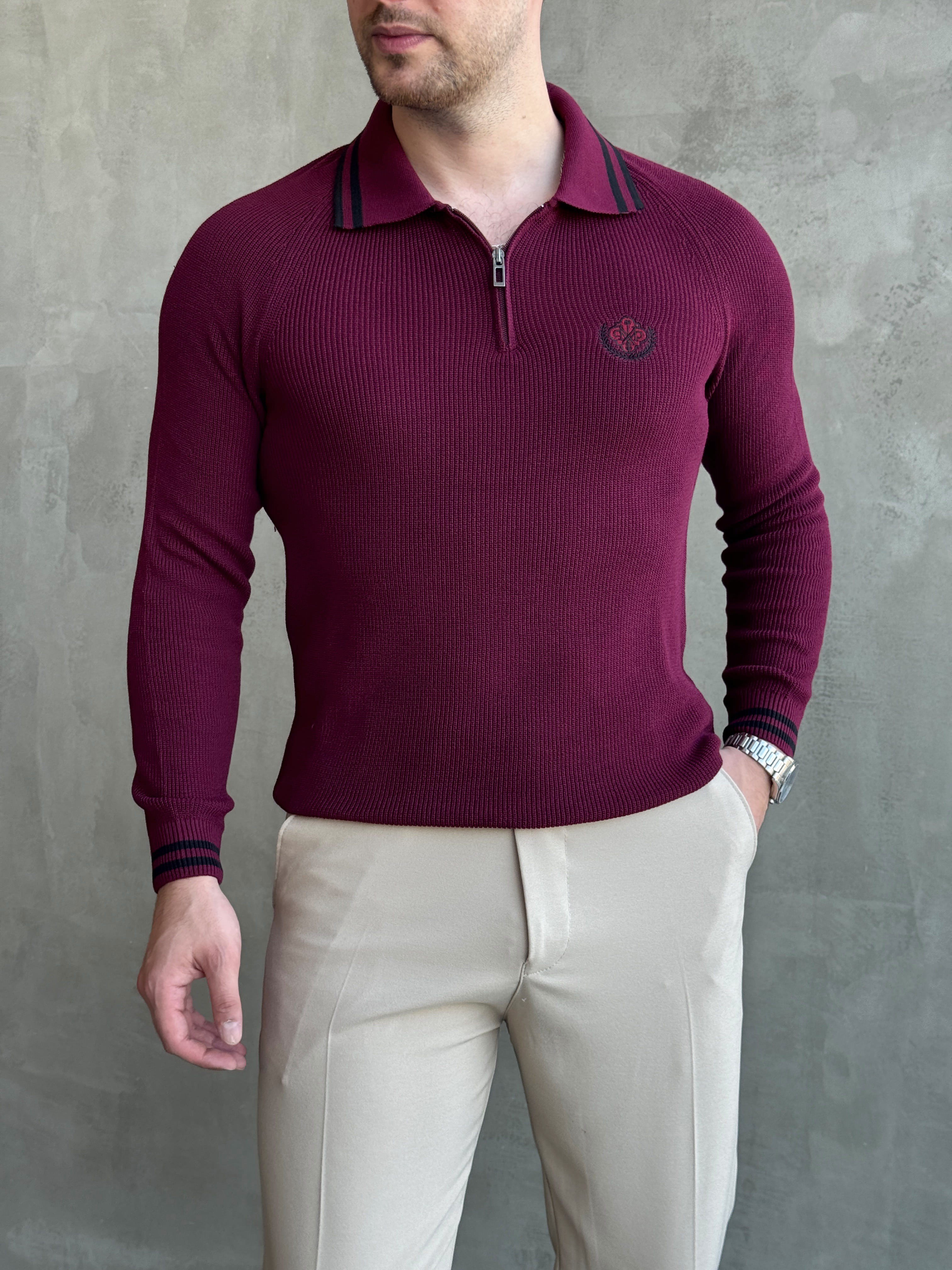 Erkek Yeni Sezon Regular Fit Fermuarlı Yaka Çizgi Detaylı Triko Kazak-Bordo(E1791)Ketench