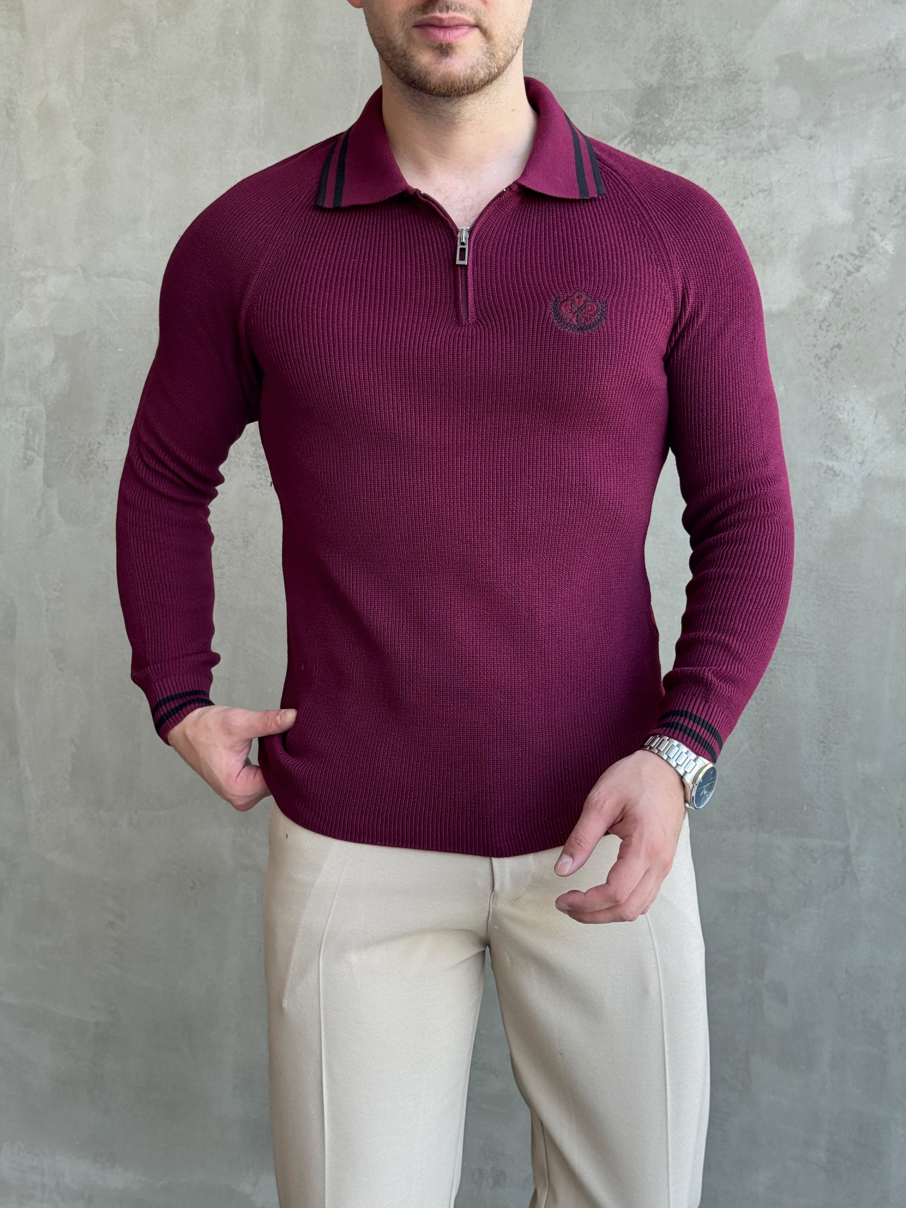 Erkek Yeni Sezon Regular Fit Fermuarlı Yaka Çizgi Detaylı Triko Kazak-Bordo(E1791)Ketench