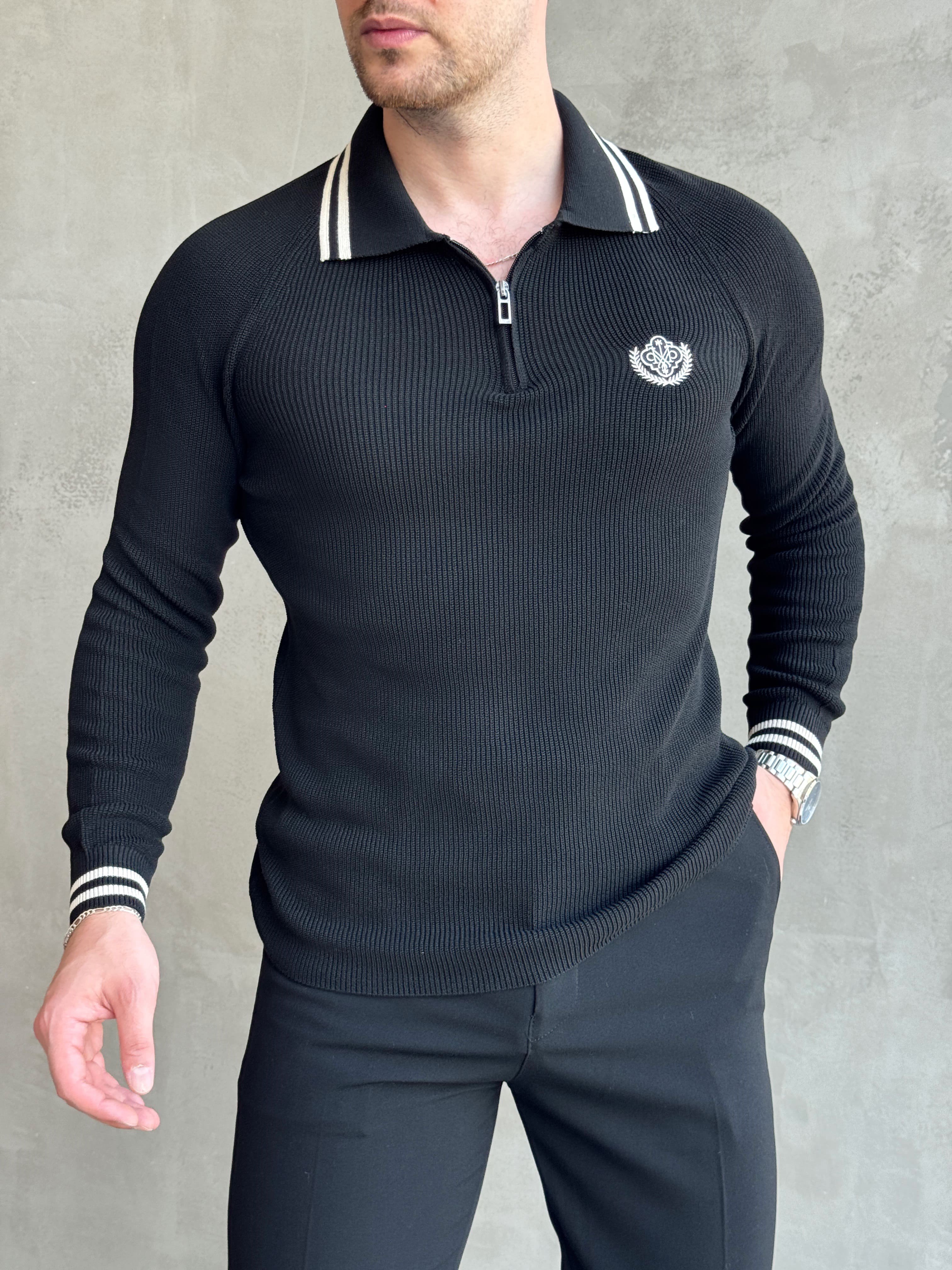 Erkek Yeni Sezon Regular Fit Fermuarlı Yaka Çizgi Detaylı Triko Kazak-Siyah(E1791)Ketench