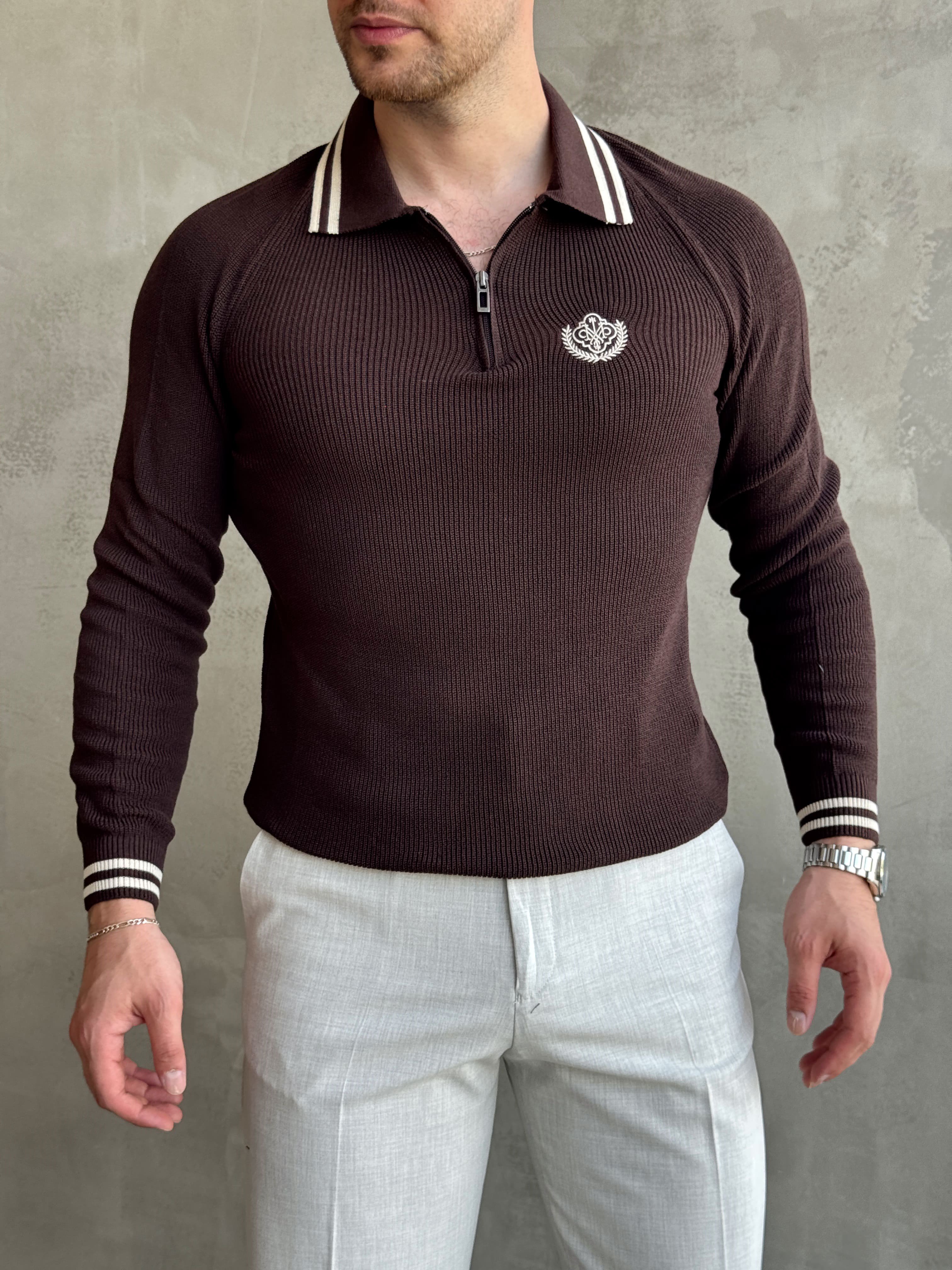 Erkek Yeni Sezon Regular Fit Fermuarlı Yaka Çizgi Detaylı Triko Kazak-Kahverengi(E1791)Ketench