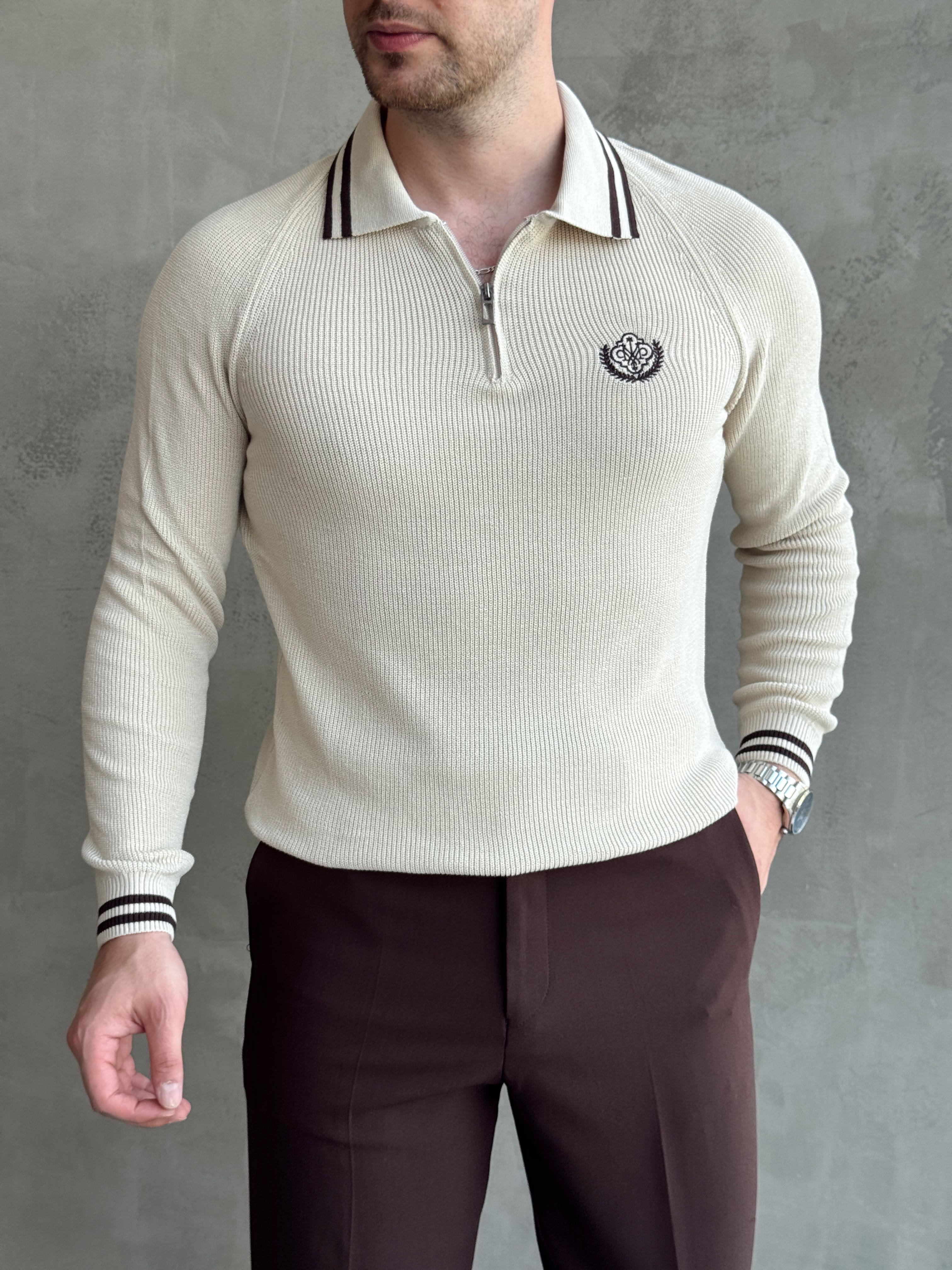 Erkek Yeni Sezon Regular Fit Fermuarlı Yaka Çizgi Detaylı Triko Kazak-Bej(E1791)Ketench