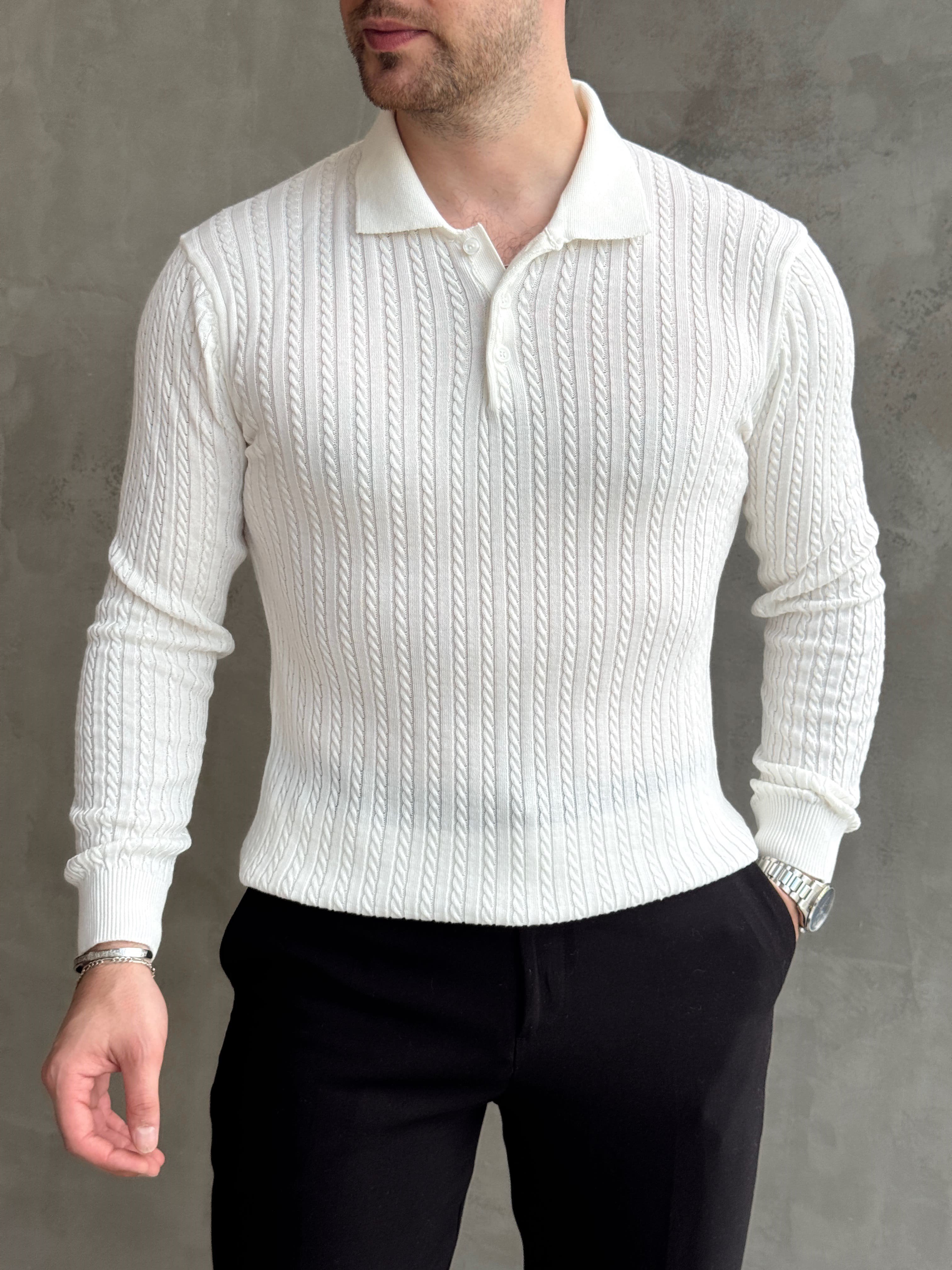 Erkek Yeni Sezon Regular Fit Halat Desenli Düğme Detaylı Polo Yaka Kazak-Ekru(E1834)Ketench