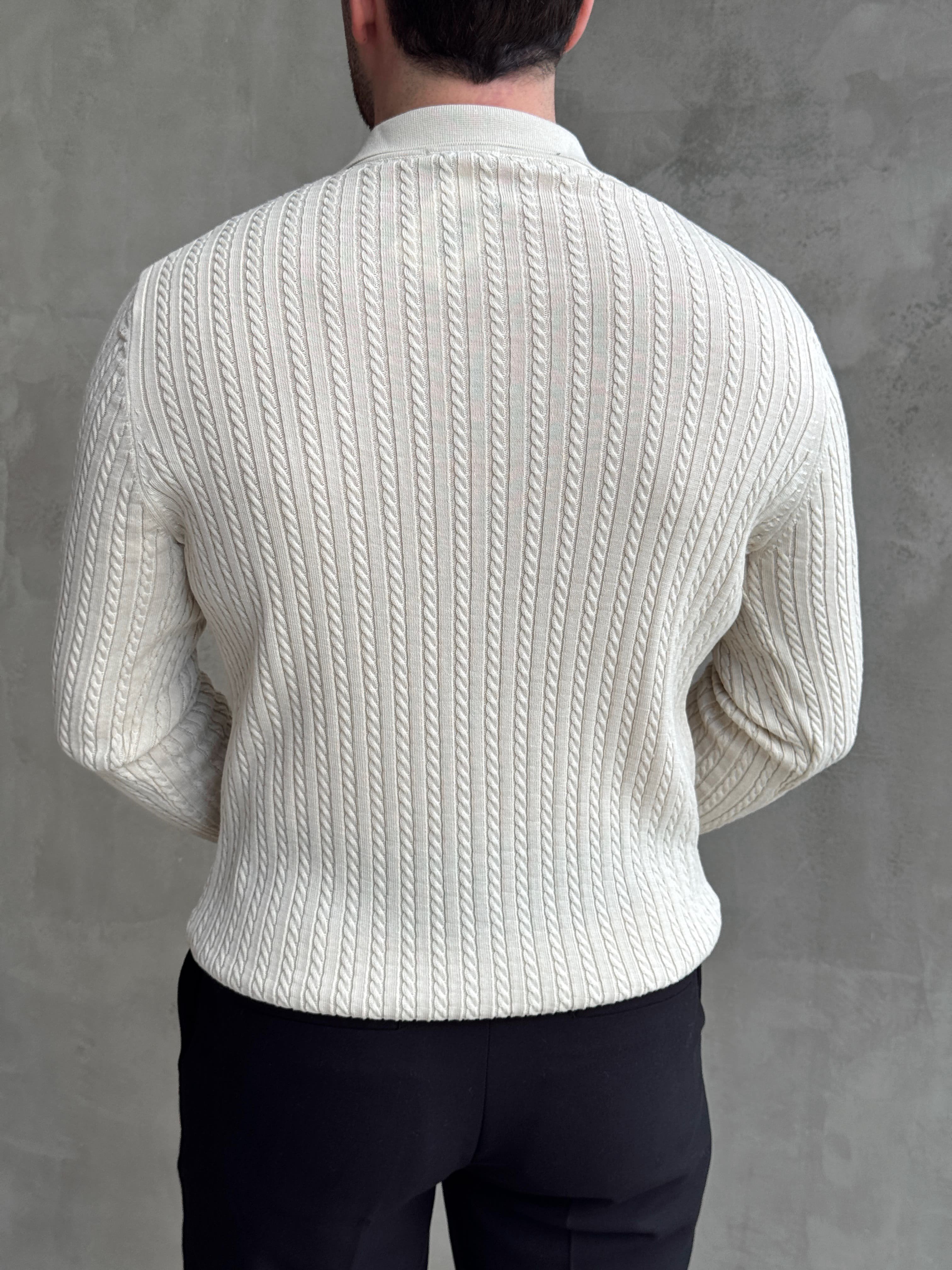 Erkek Yeni Sezon Regular Fit Halat Desenli Düğme Detaylı Polo Yaka Kazak-Bej(E1834)Ketench