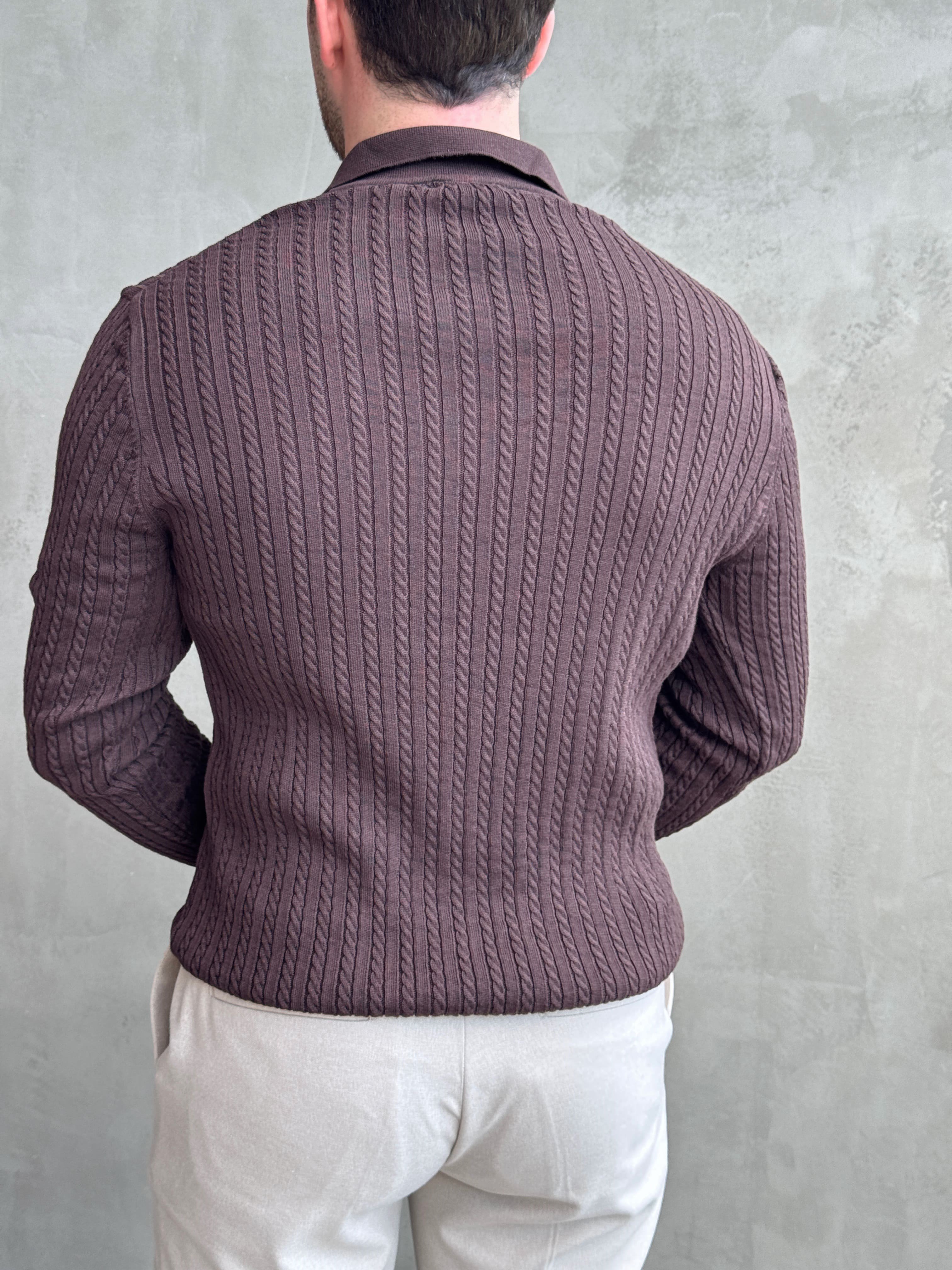 Erkek Yeni Sezon Regular Fit Halat Desenli Düğme Detaylı Polo Yaka Kazak-Kahverengi(E1834)Ketench