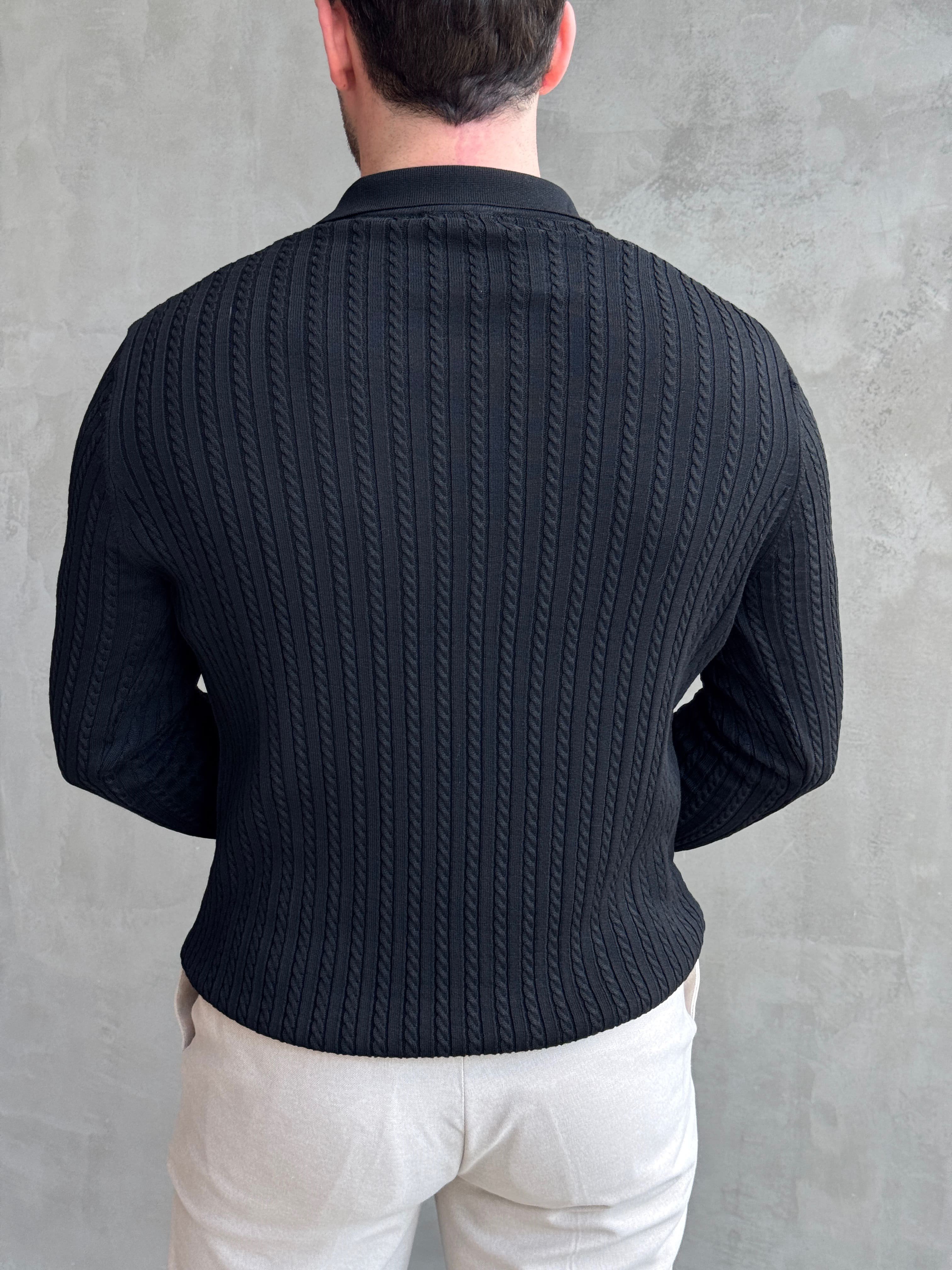 Erkek Yeni Sezon Regular Fit Halat Desenli Düğme Detaylı Polo Yaka Kazak-Siyah(E1834)Ketench
