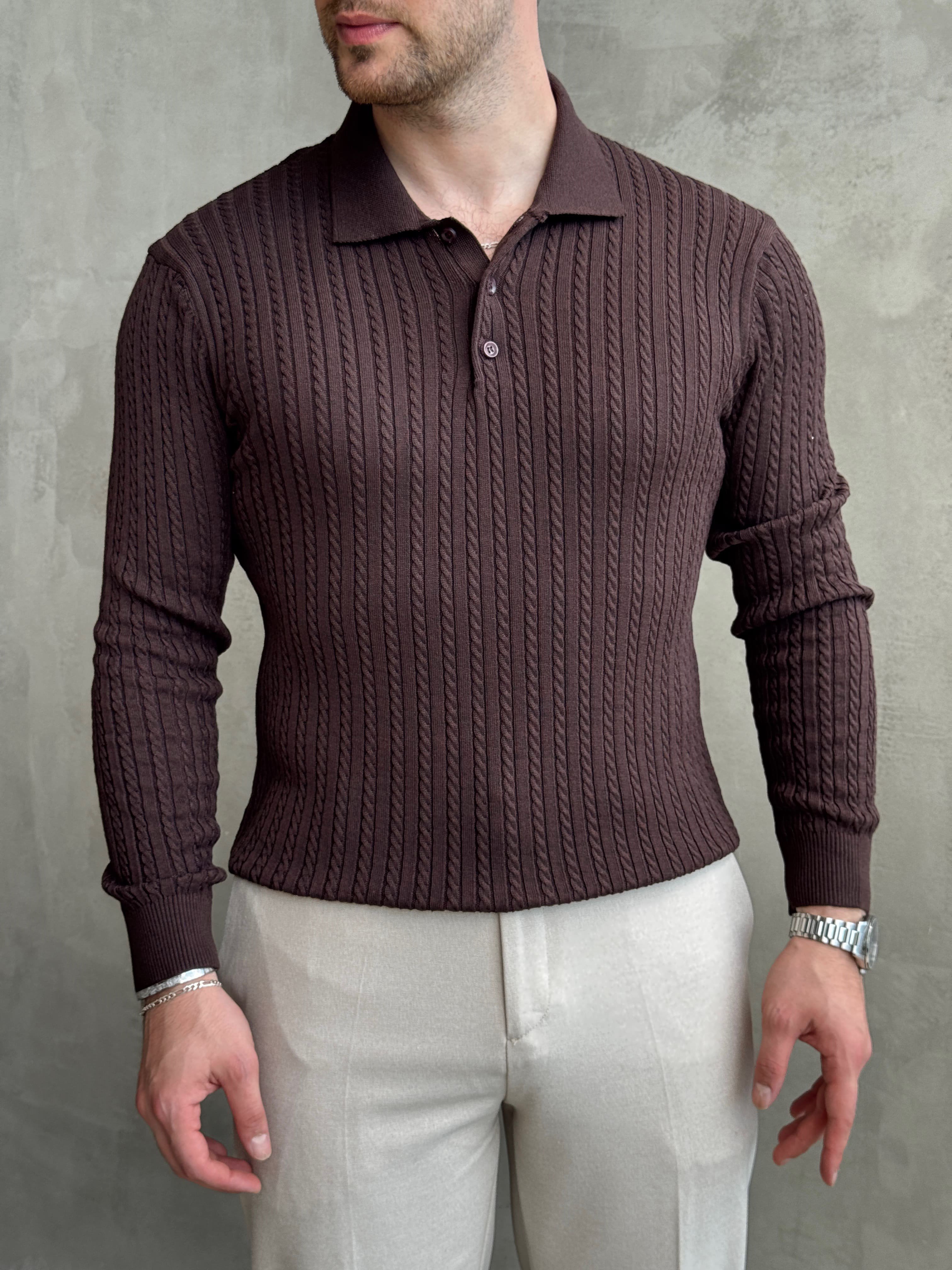 Erkek Yeni Sezon Regular Fit Halat Desenli Düğme Detaylı Polo Yaka Kazak-Kahverengi(E1834)Ketench