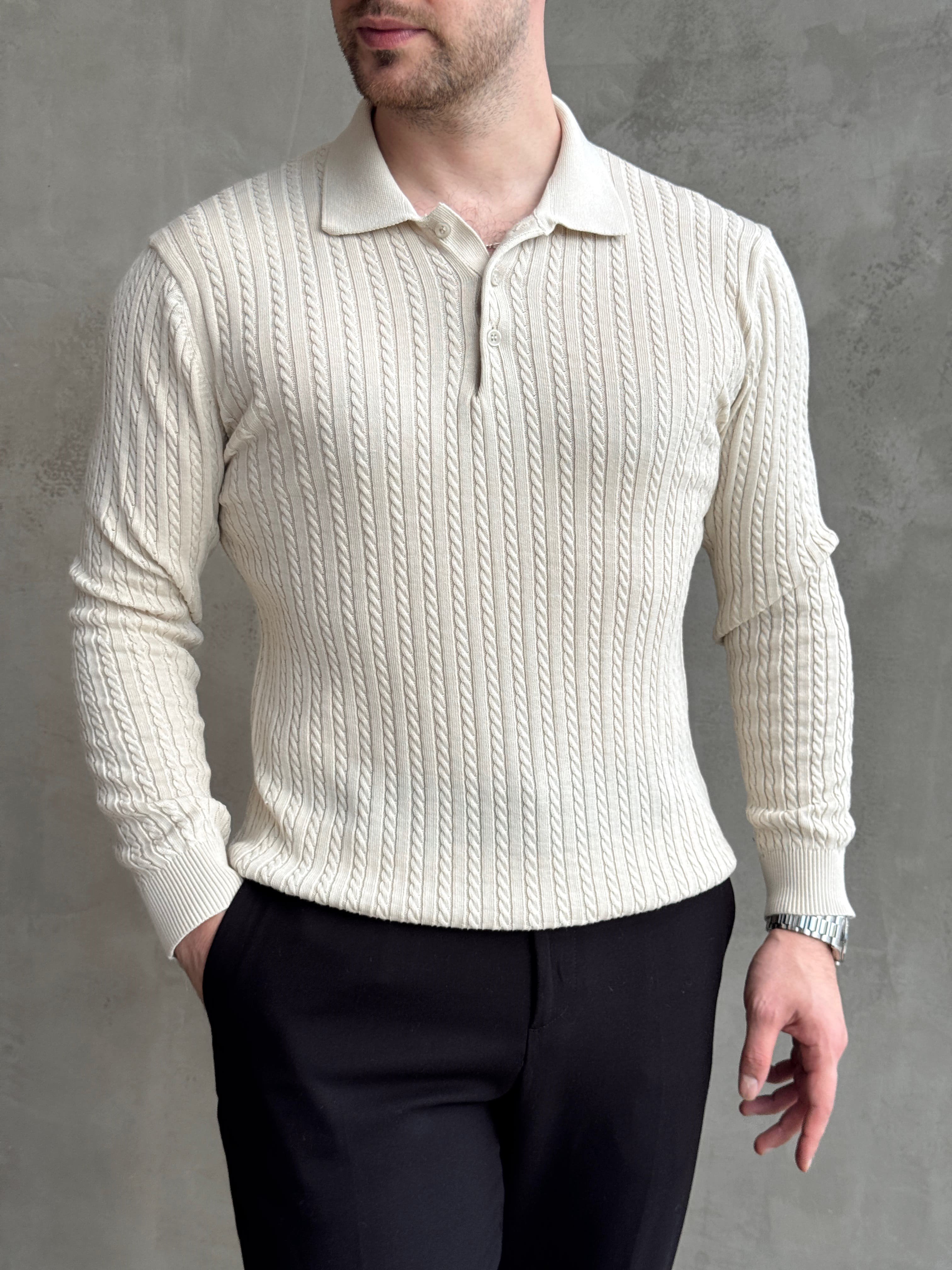 Erkek Yeni Sezon Regular Fit Halat Desenli Düğme Detaylı Polo Yaka Kazak-Bej(E1834)Ketench