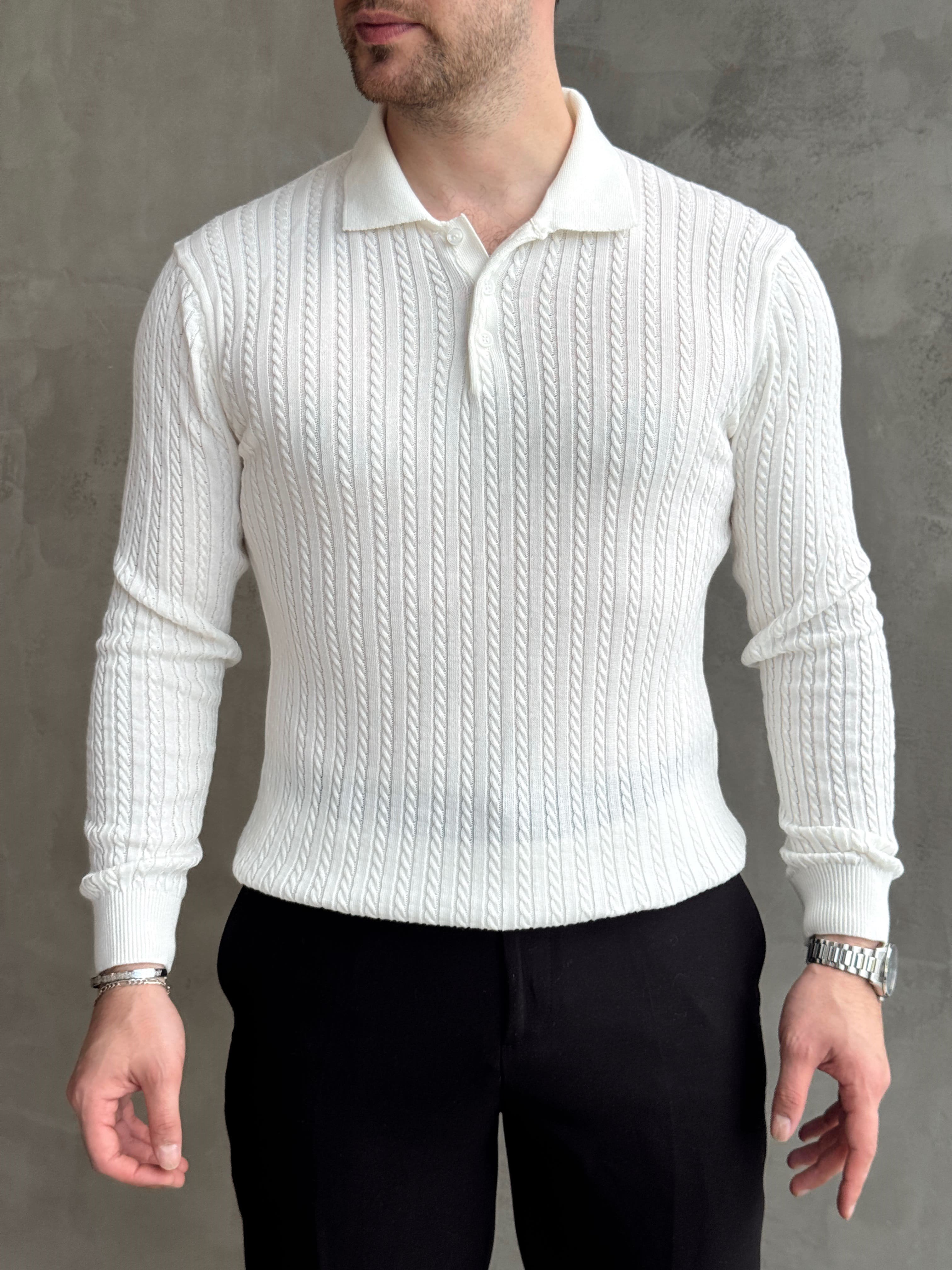 Erkek Yeni Sezon Regular Fit Halat Desenli Düğme Detaylı Polo Yaka Kazak-Ekru(E1834)Ketench