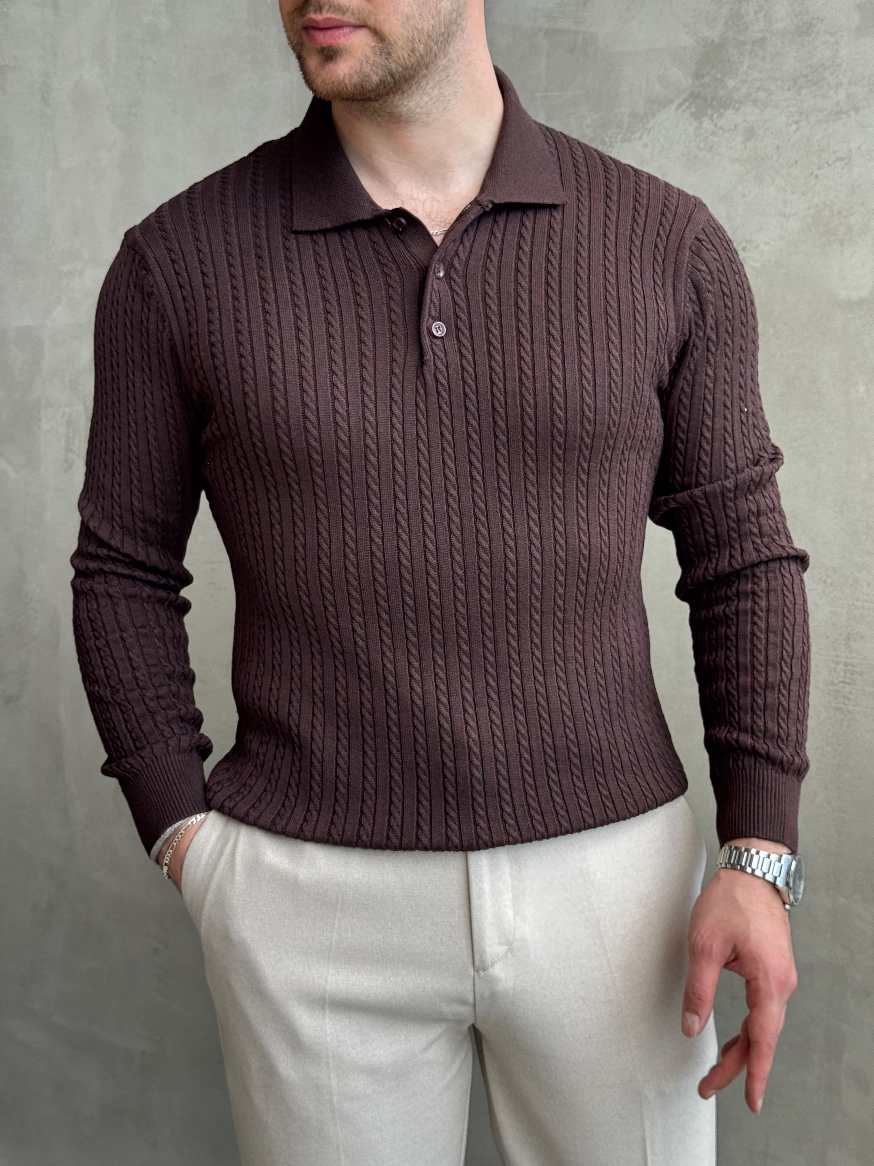 Erkek Yeni Sezon Regular Fit Halat Desenli Düğme Detaylı Polo Yaka Kazak-Kahverengi(E1834)Ketench