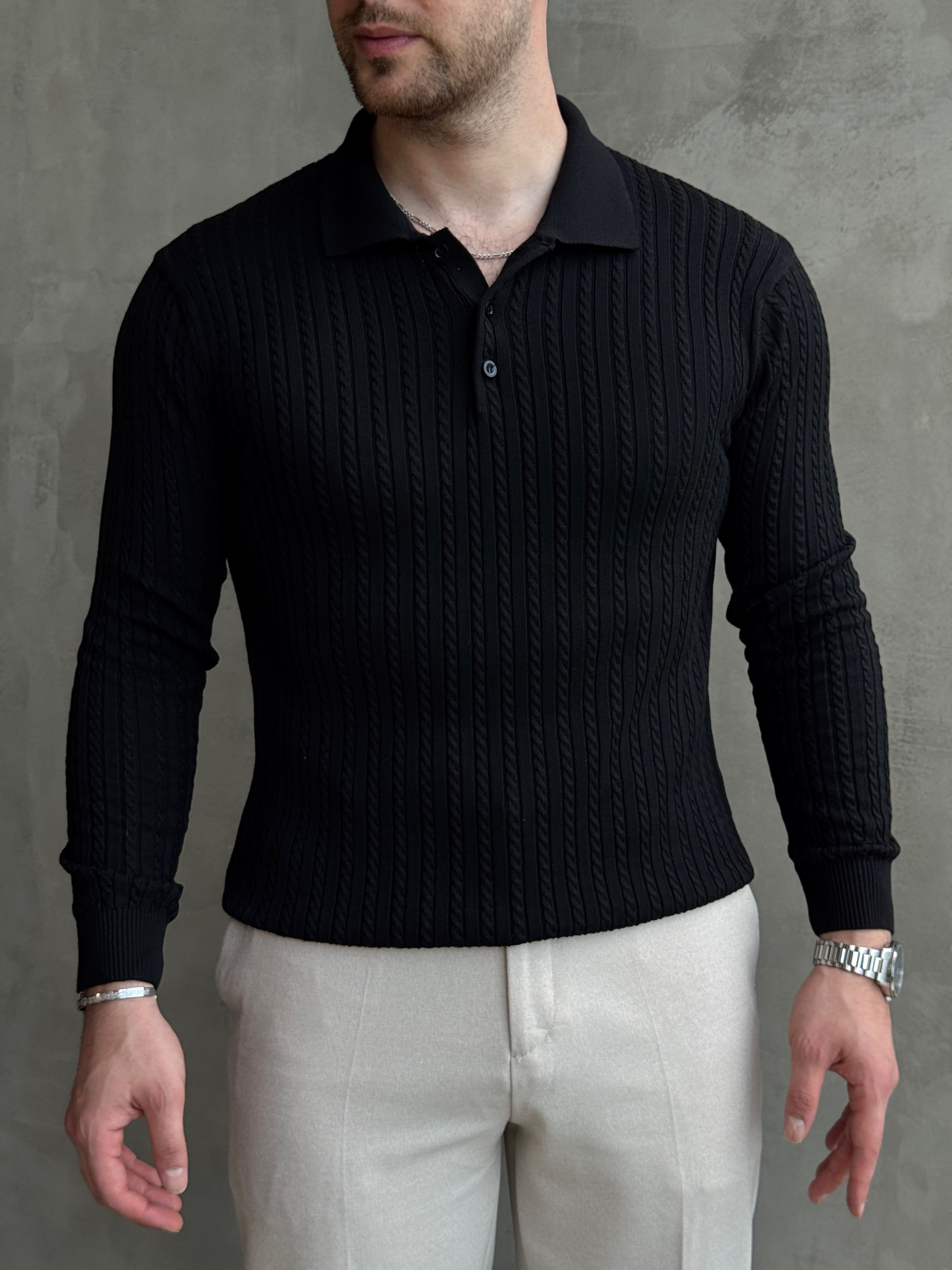 Erkek Yeni Sezon Regular Fit Halat Desenli Düğme Detaylı Polo Yaka Kazak-Siyah(E1834)Ketench