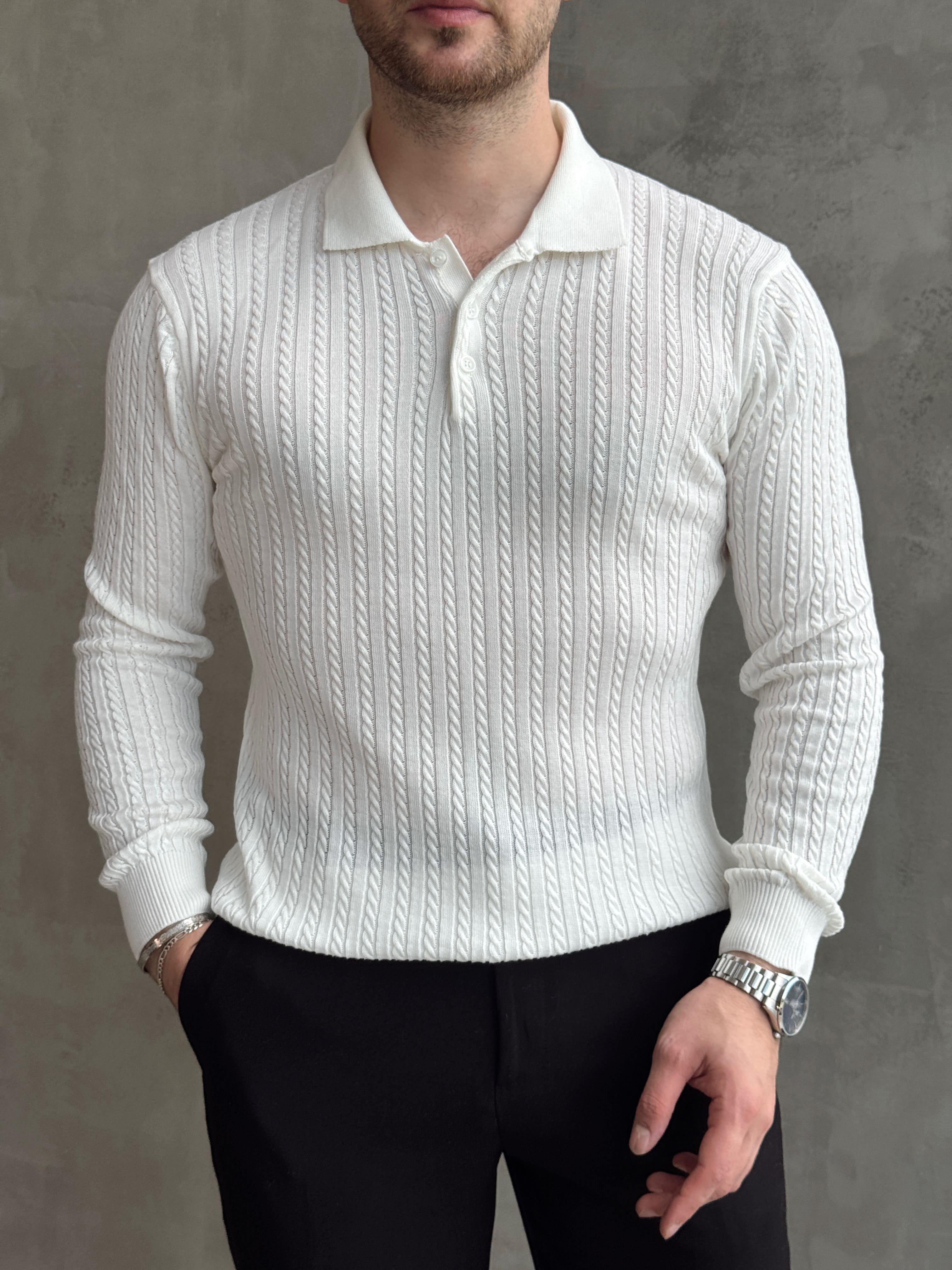 Erkek Yeni Sezon Regular Fit Halat Desenli Düğme Detaylı Polo Yaka Kazak-Ekru(E1834)Ketench