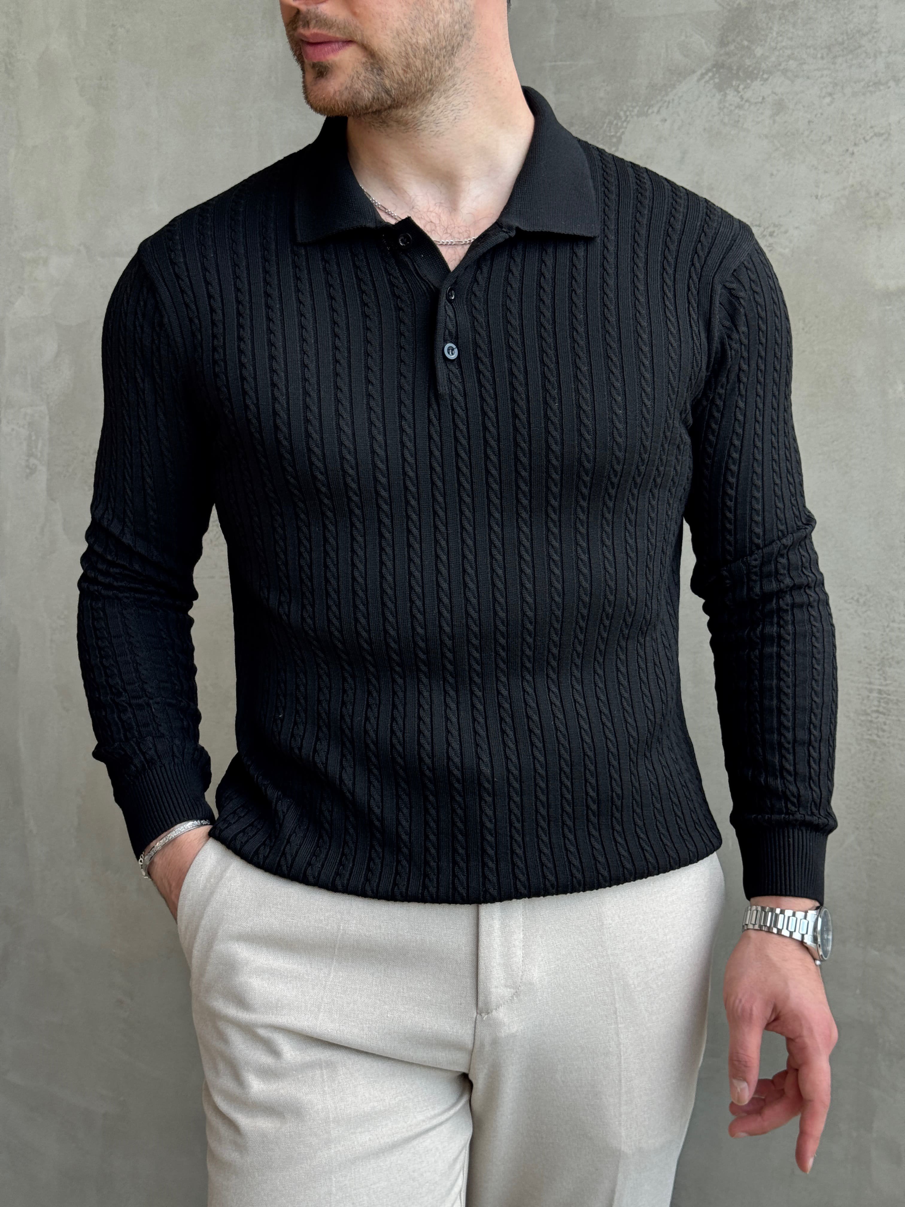 Erkek Yeni Sezon Regular Fit Halat Desenli Düğme Detaylı Polo Yaka Kazak-Siyah(E1834)Ketench