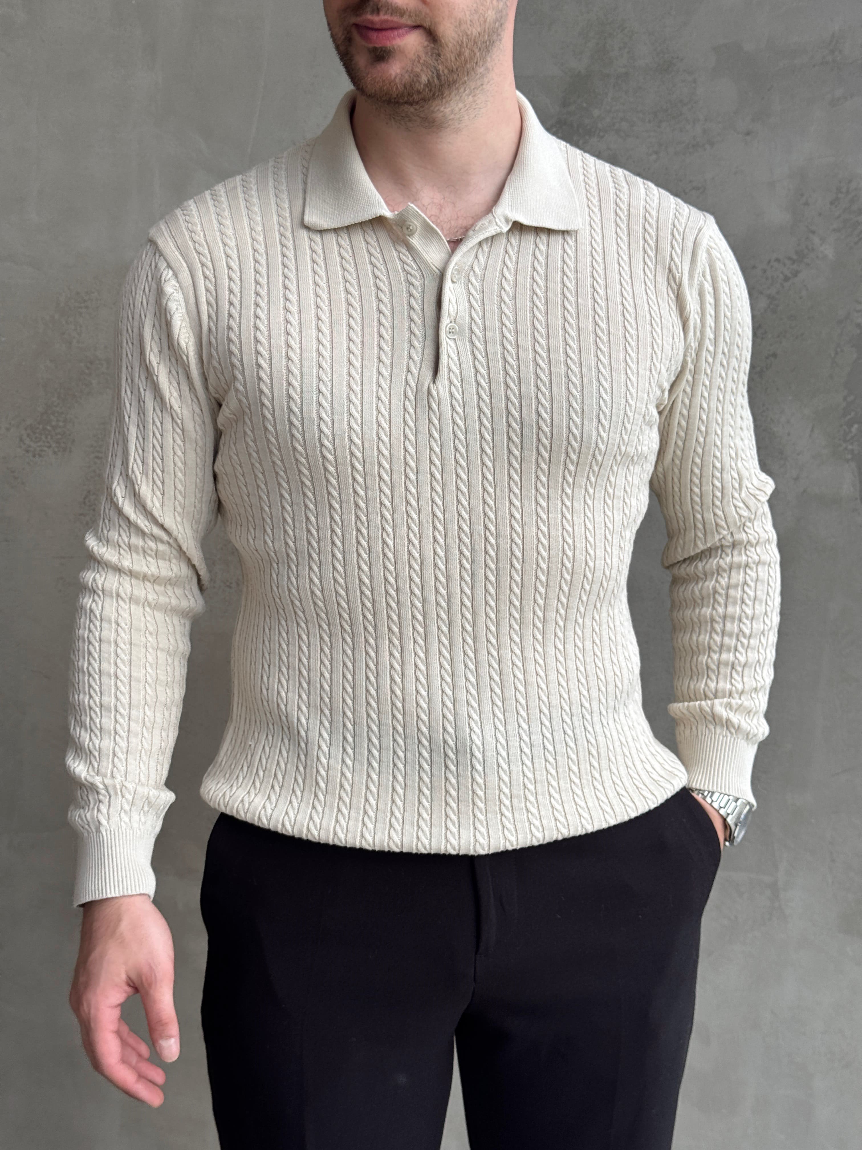 Erkek Yeni Sezon Regular Fit Halat Desenli Düğme Detaylı Polo Yaka Kazak-Bej(E1834)Ketench