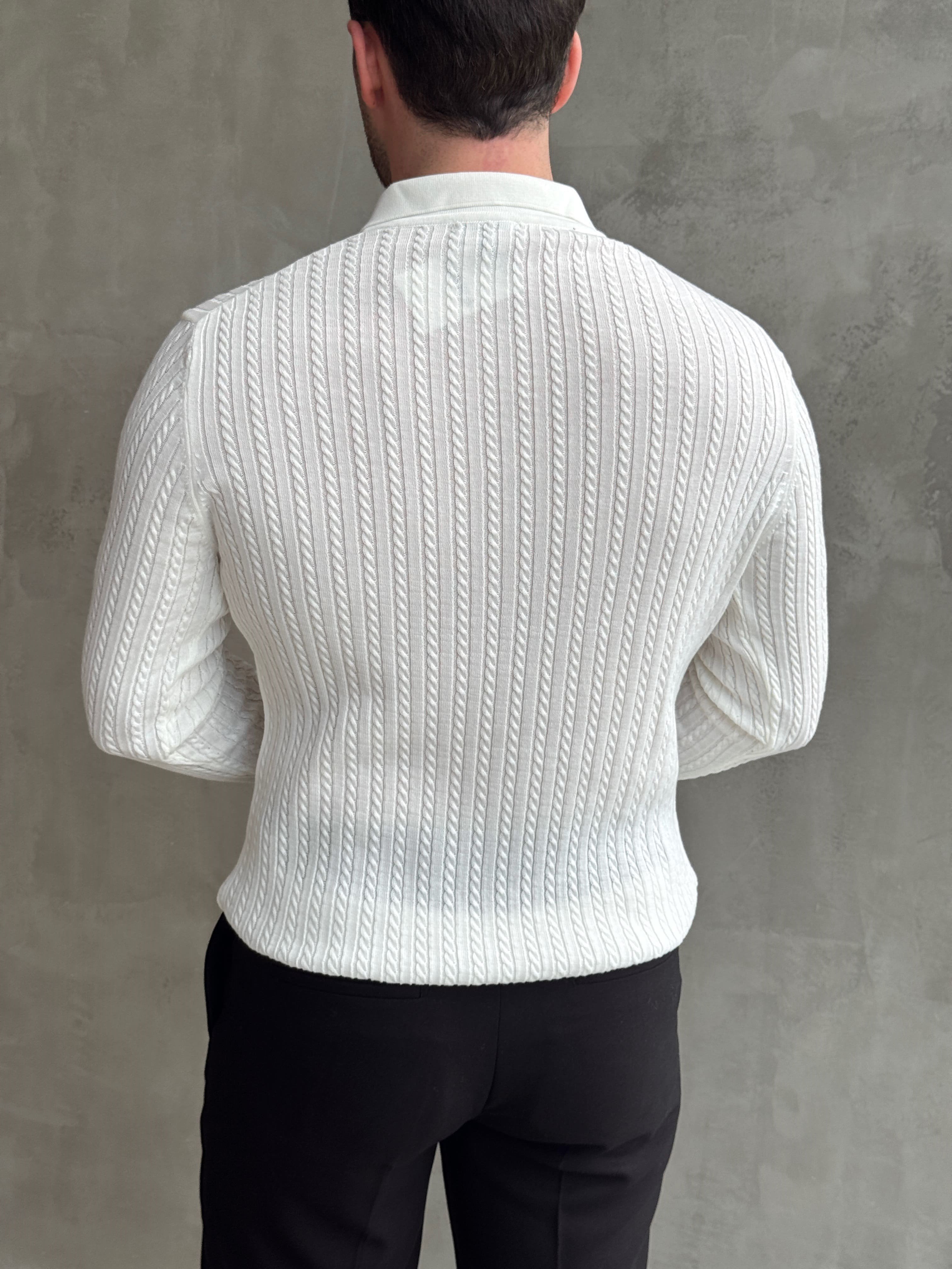 Erkek Yeni Sezon Regular Fit Halat Desenli Düğme Detaylı Polo Yaka Kazak-Ekru(E1834)Ketench