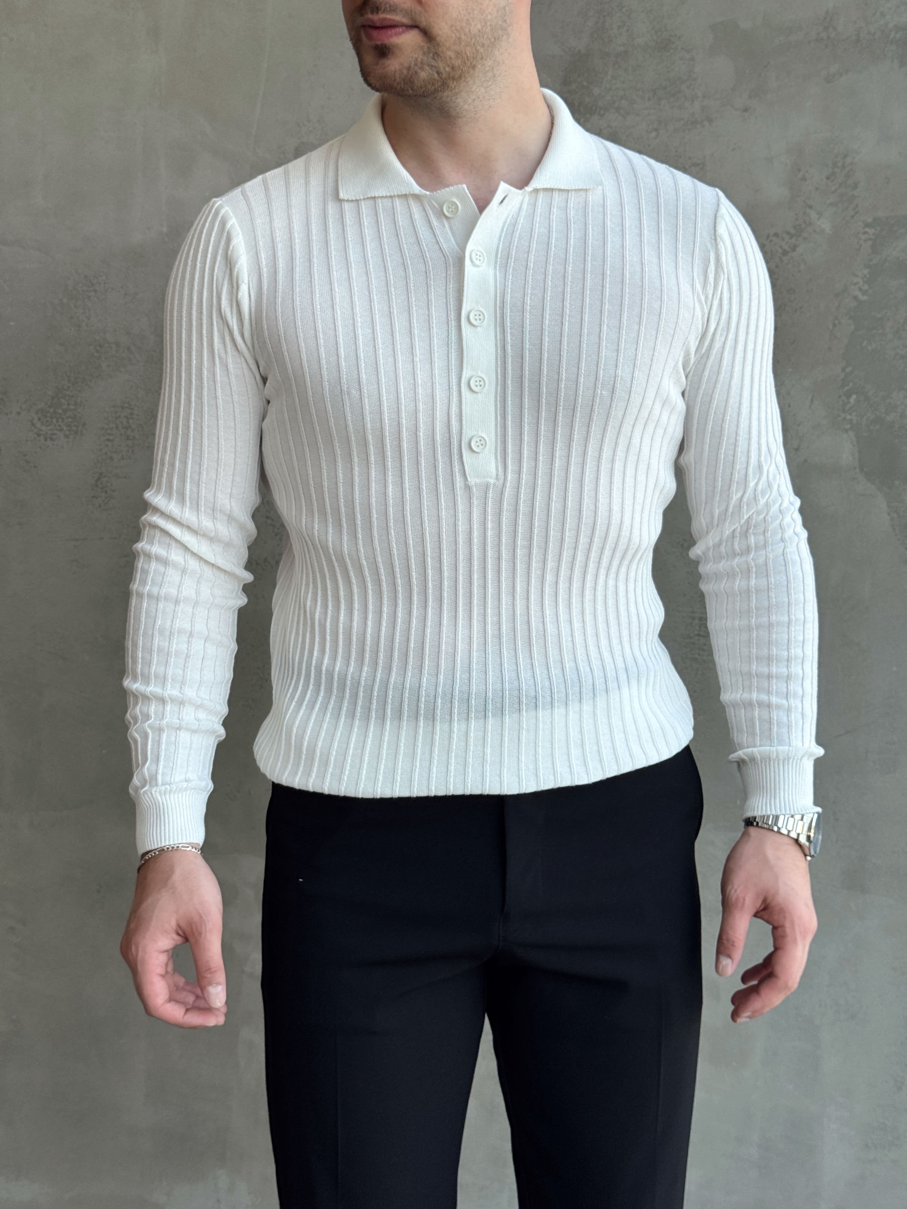 Erkek Yeni Sezon Regular Fit Polo Yaka Düğmeli Triko Kazak-Beyaz(E1792)Ketench