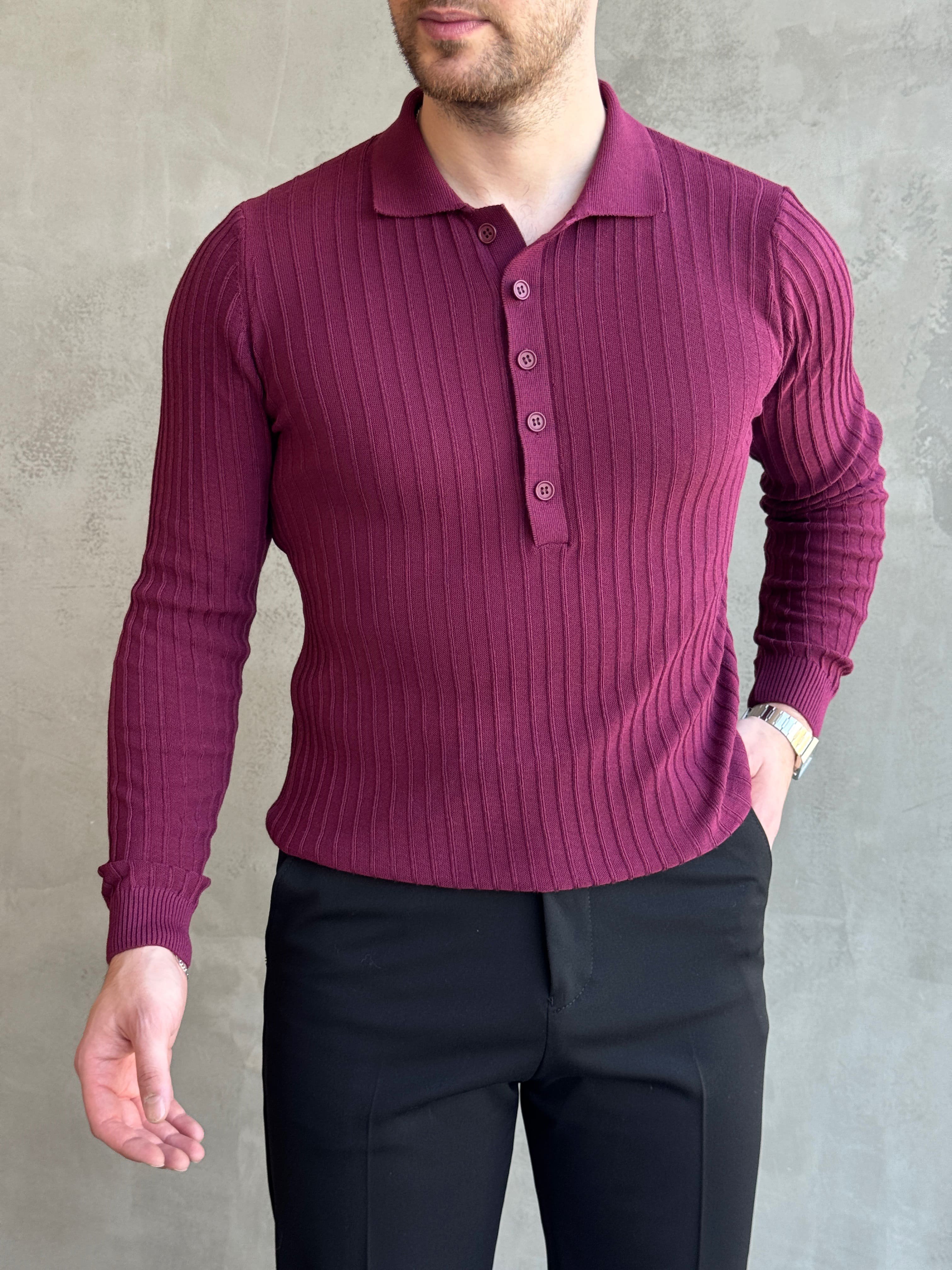 Erkek Yeni Sezon Regular Fit Polo Yaka Düğmeli Triko Kazak-Bordo(E1792)Ketench
