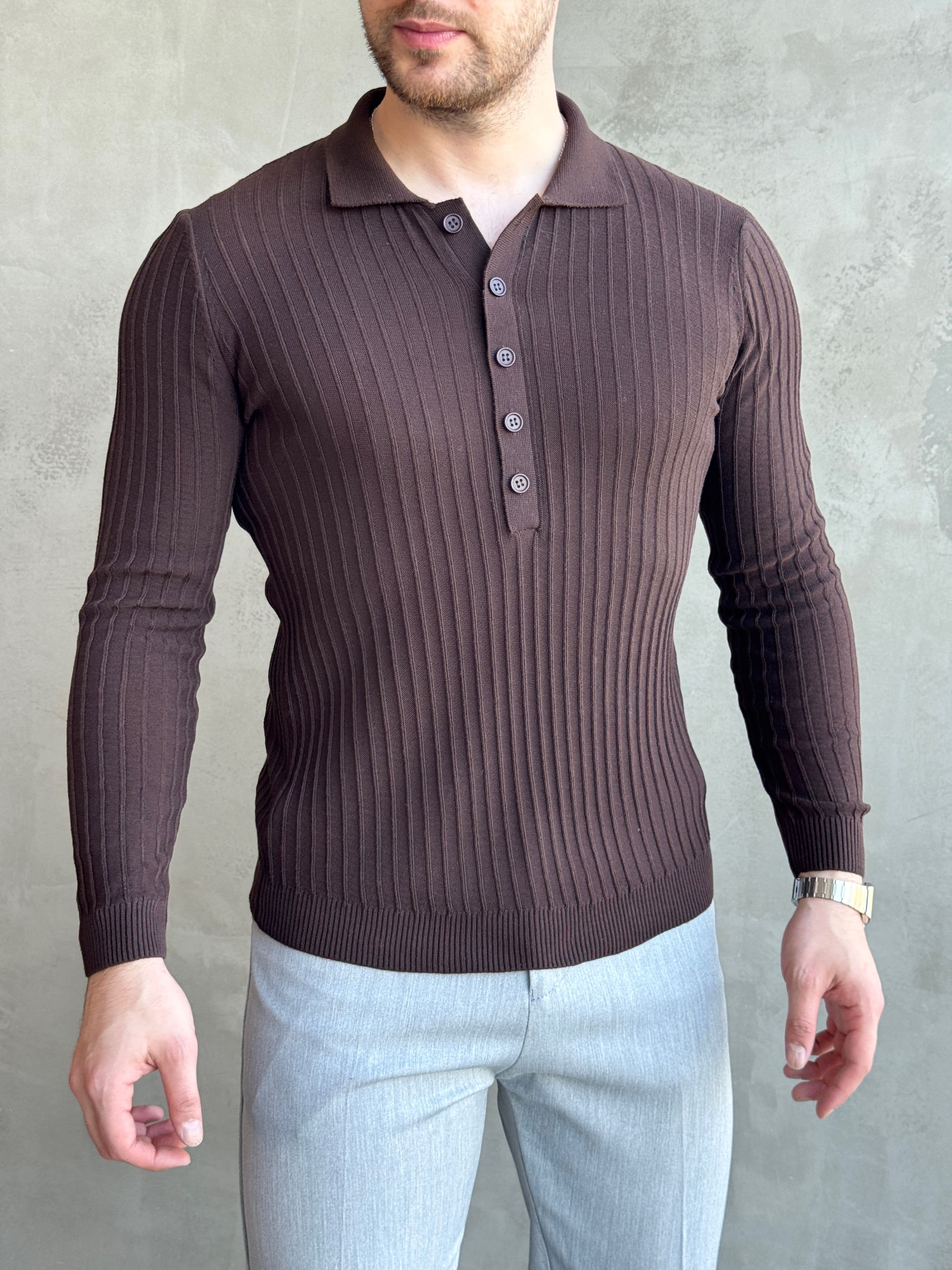 Erkek Yeni Sezon Regular Fit Polo Yaka Düğmeli Triko Kazak-Kahverengi(E1792)Ketench