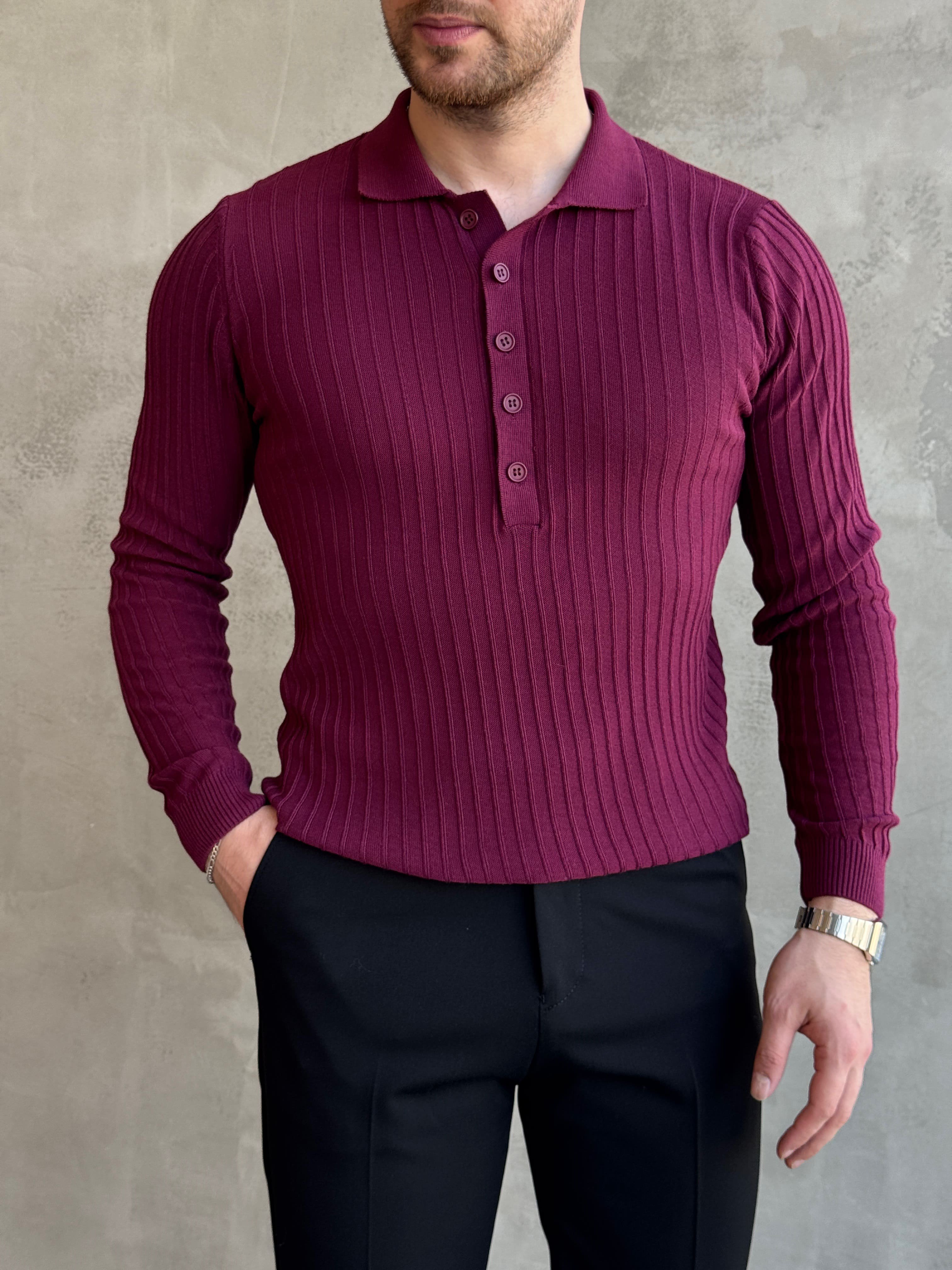 Erkek Yeni Sezon Regular Fit Polo Yaka Düğmeli Triko Kazak-Bordo(E1792)Ketench