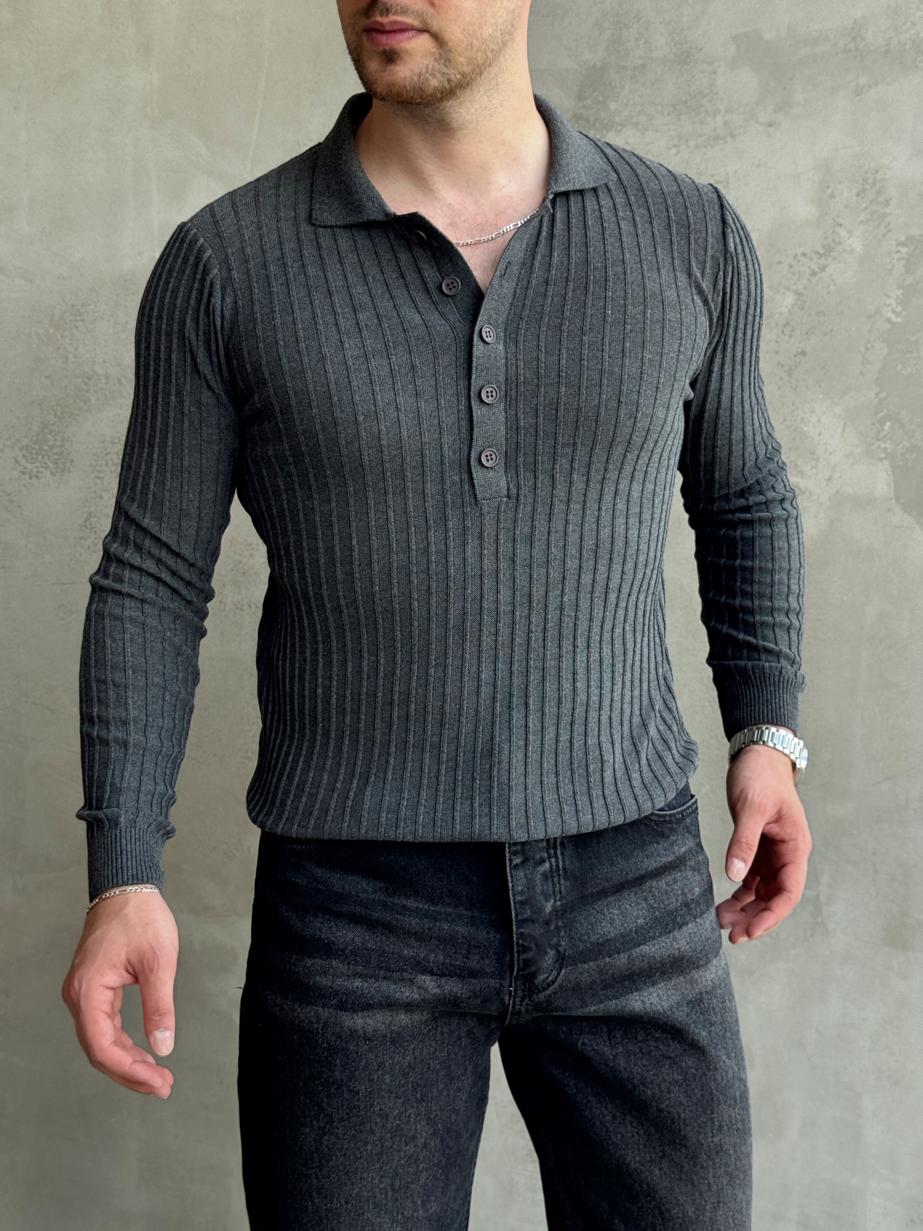 Erkek Yeni Sezon Regular Fit Polo Yaka Düğmeli Triko Kazak-Antrasit(E1792)Ketench