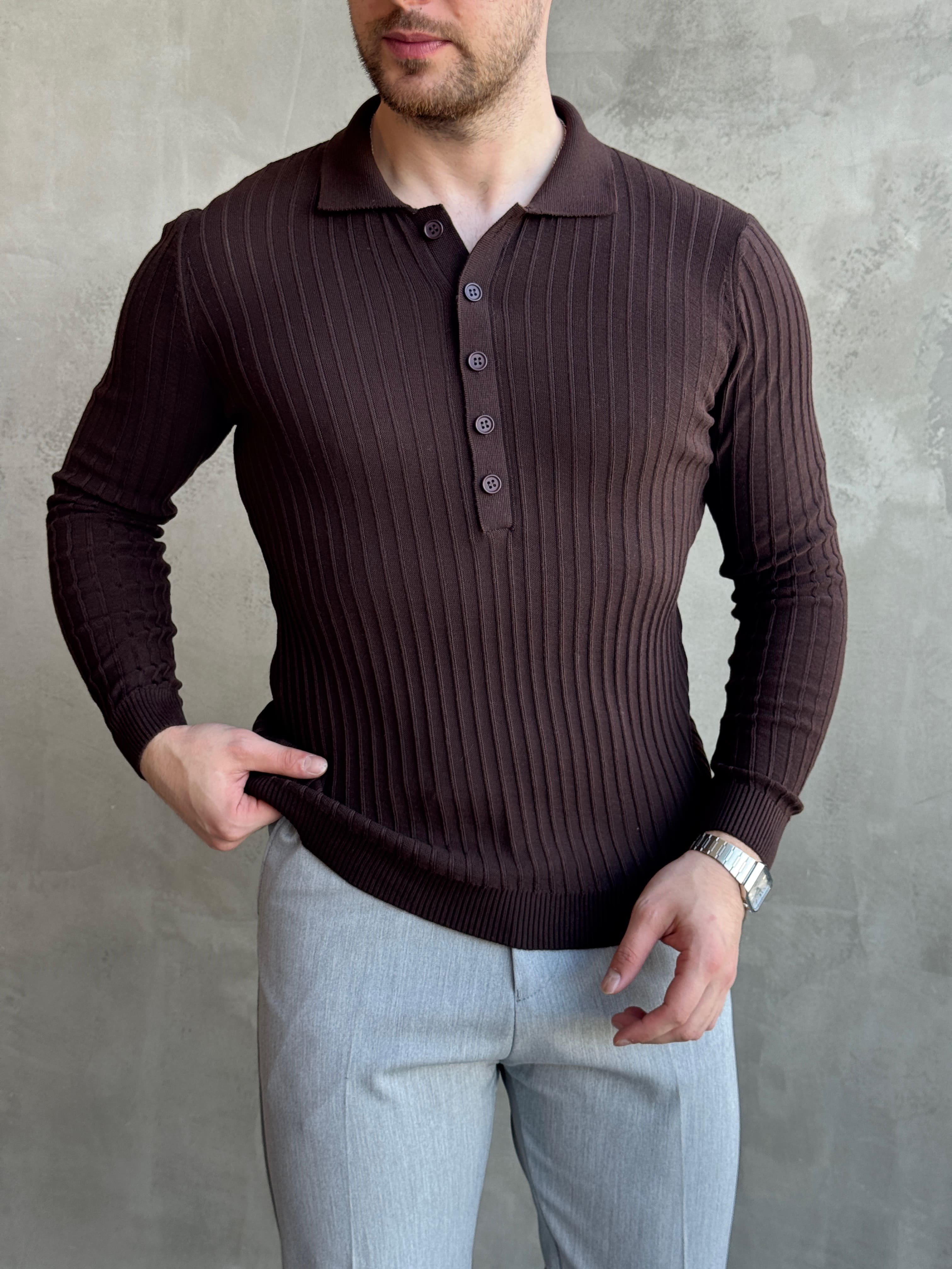 Erkek Yeni Sezon Regular Fit Polo Yaka Düğmeli Triko Kazak-Kahverengi(E1792)Ketench