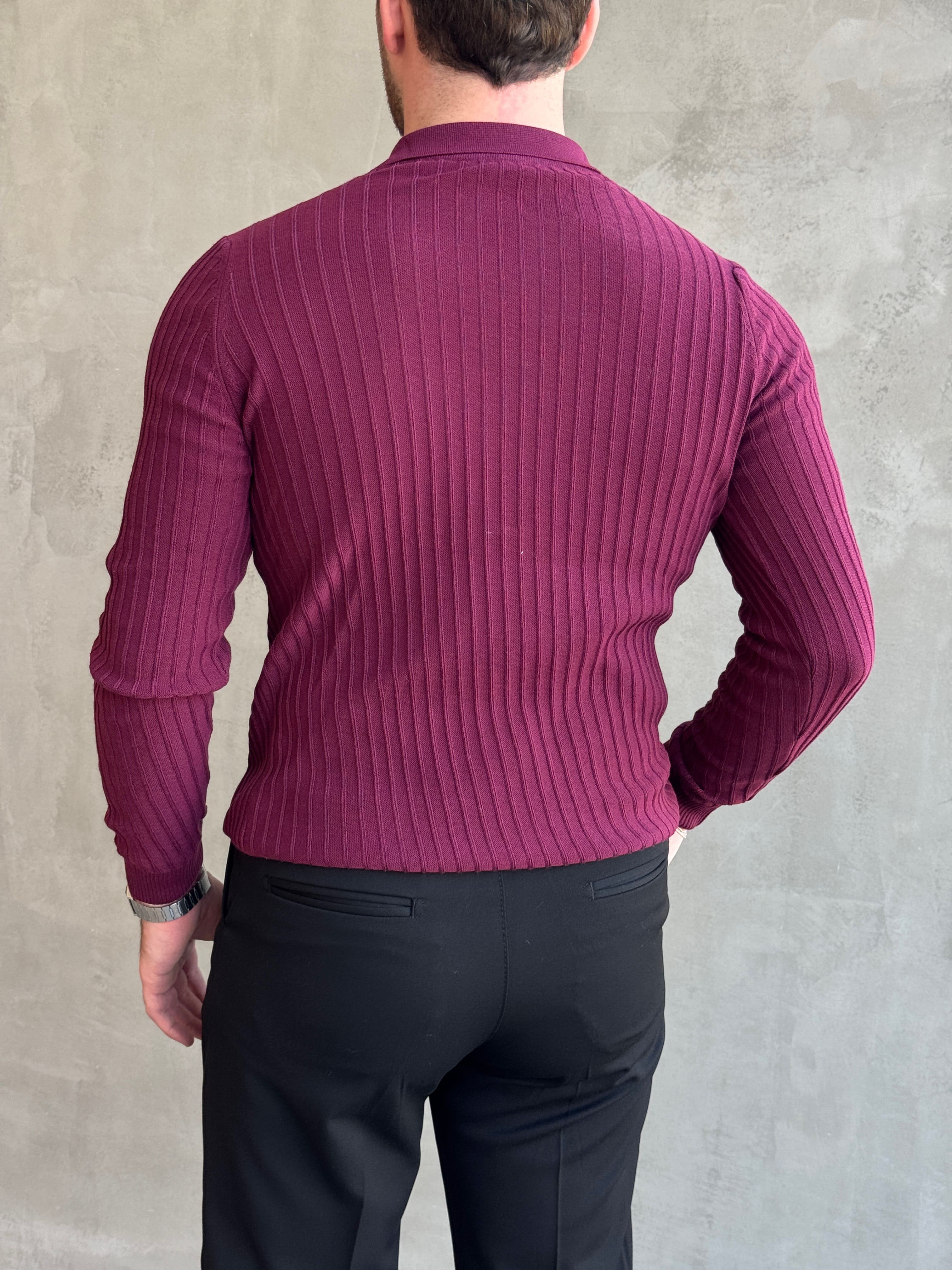 Erkek Yeni Sezon Regular Fit Polo Yaka Düğmeli Triko Kazak-Bordo(E1792)Ketench