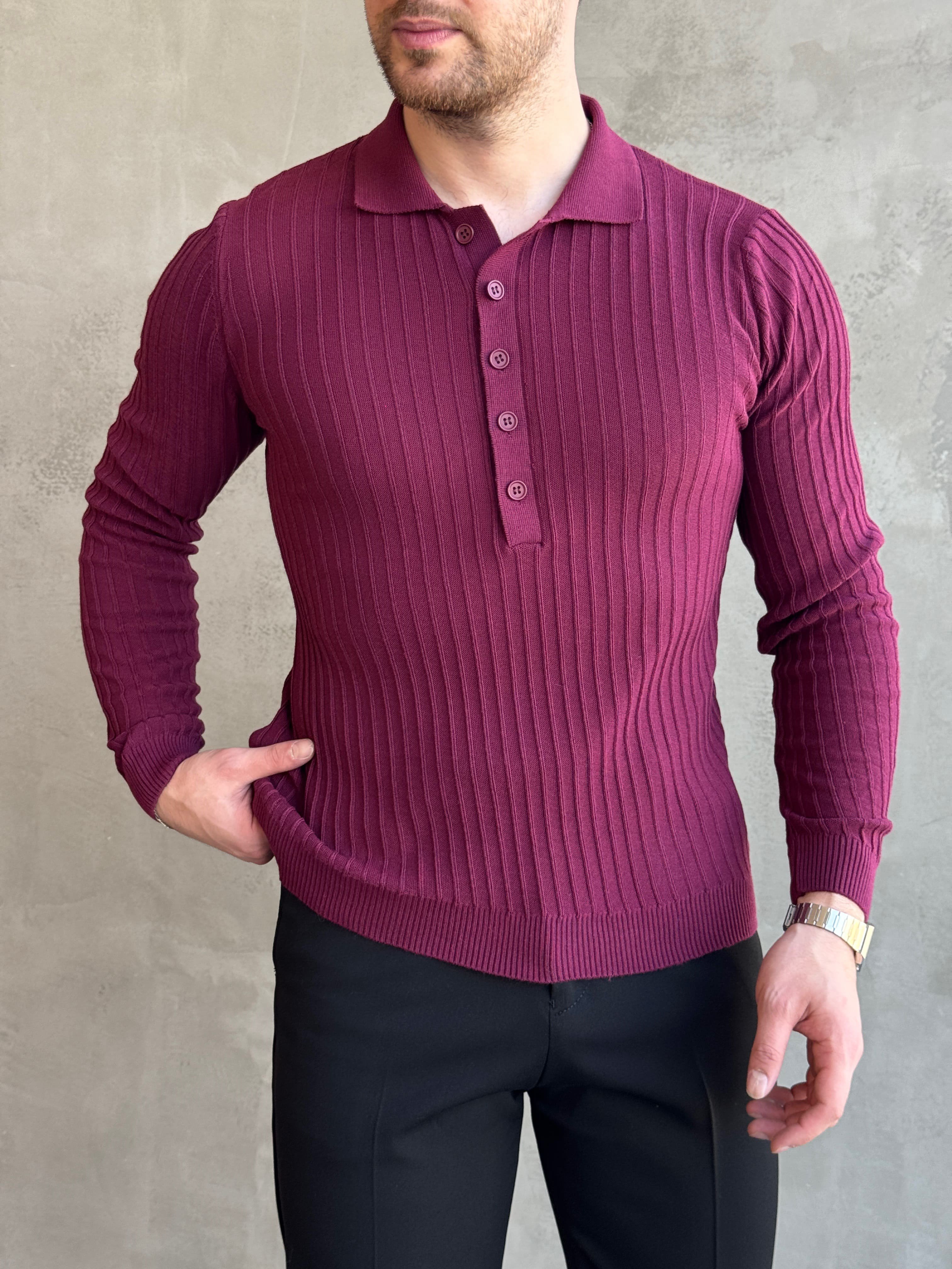 Erkek Yeni Sezon Regular Fit Polo Yaka Düğmeli Triko Kazak-Bordo(E1792)Ketench