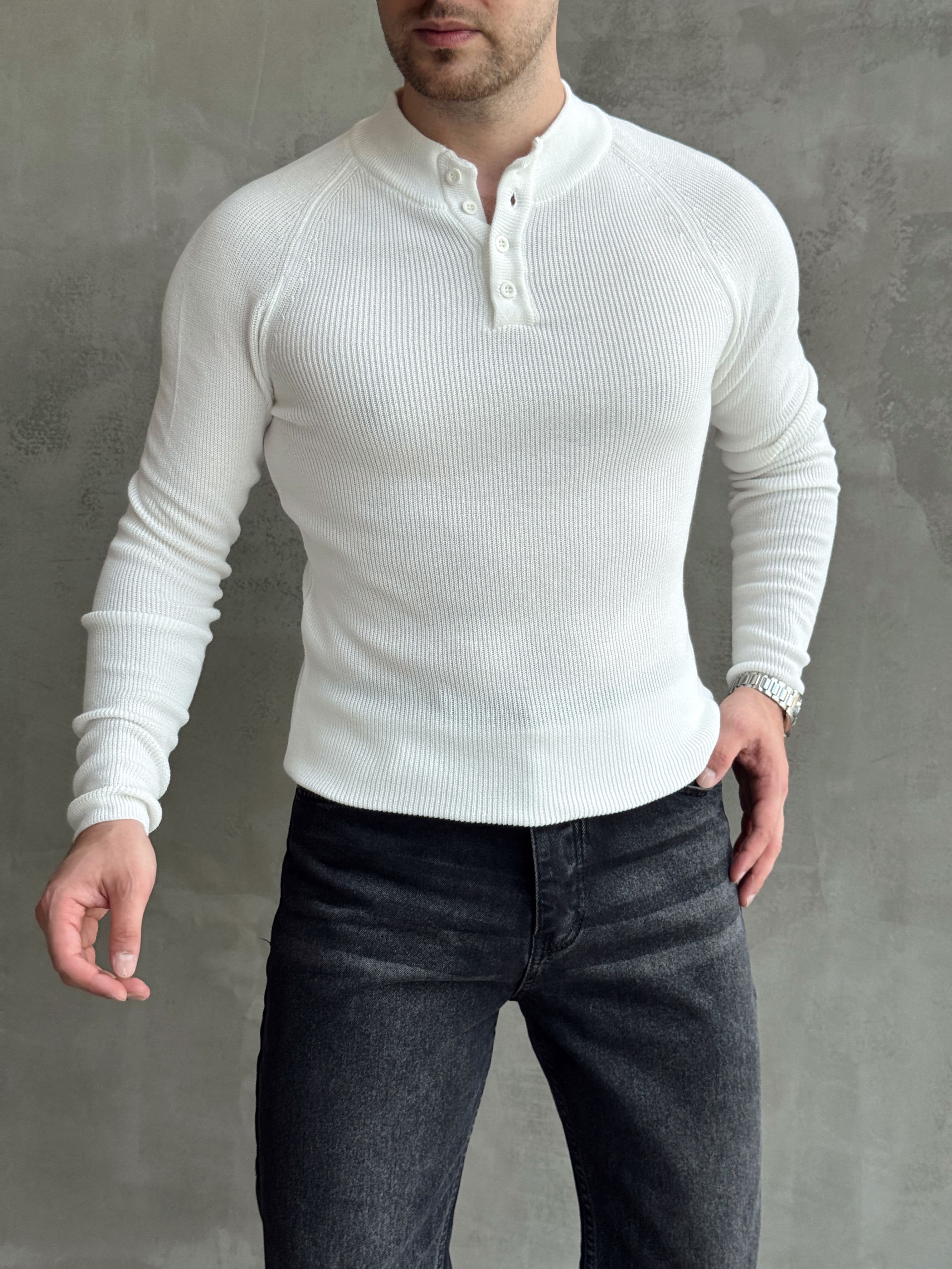 Erkek Yeni Sezon Regular Fit Yaka Düğmeli İnce Triko Kazak-Beyaz(E1788)Ketench