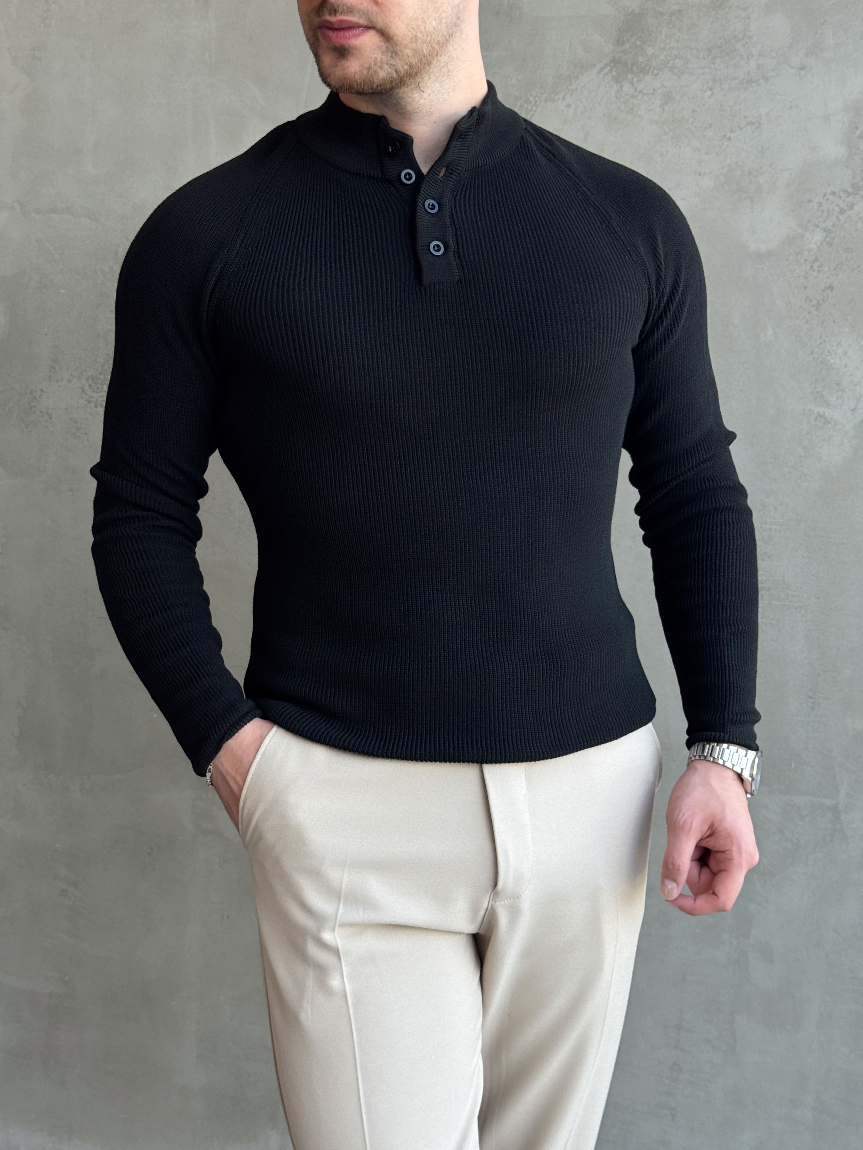 Erkek Yeni Sezon Regular Fit Yaka Düğmeli İnce Triko Kazak-Siyah(E1788)Ketench