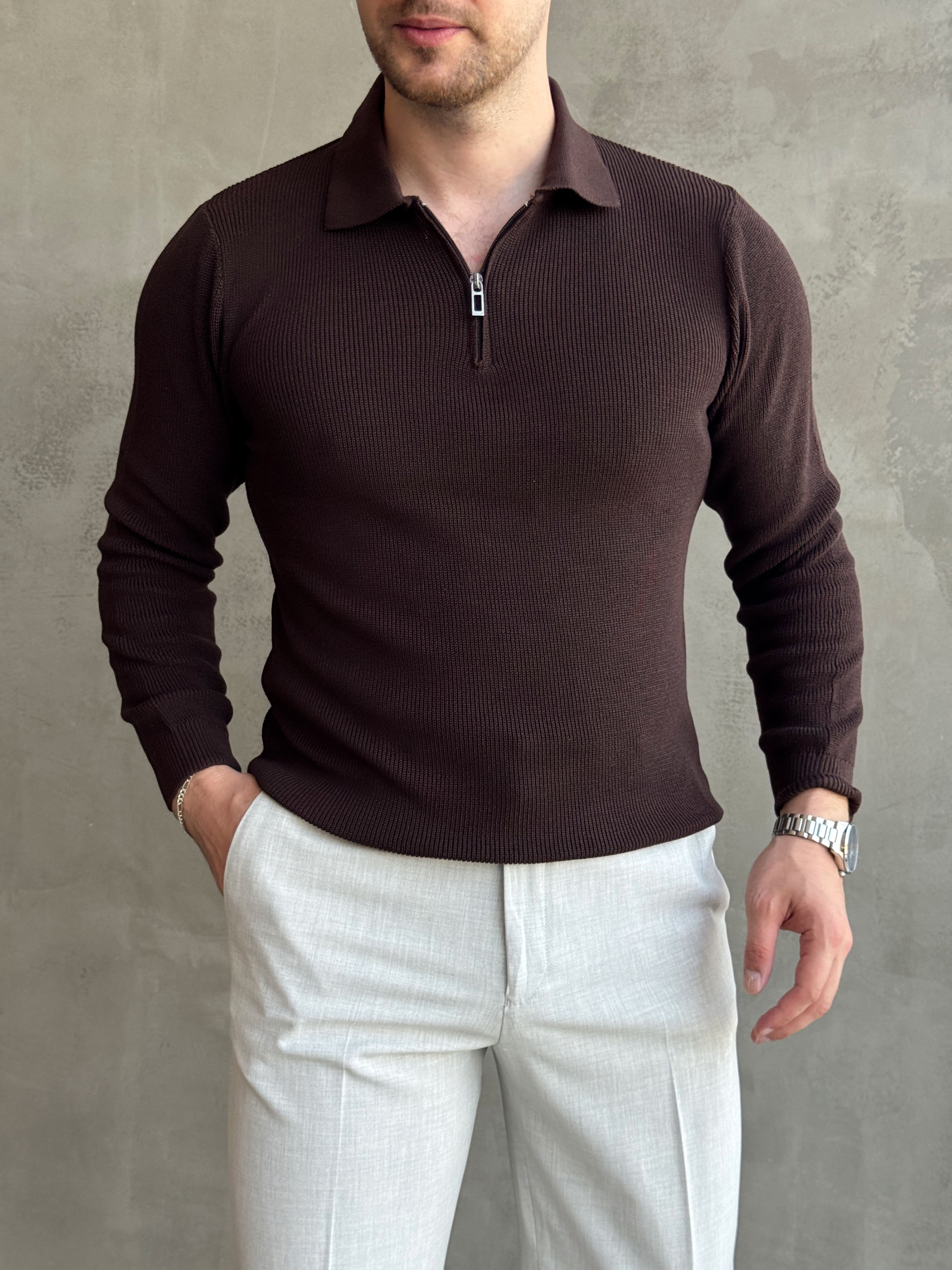 Erkek Yeni Sezon Regular Fit Yaka Fermuar Detaylı Triko Kazak-Kahverengi(E1790)Ketench