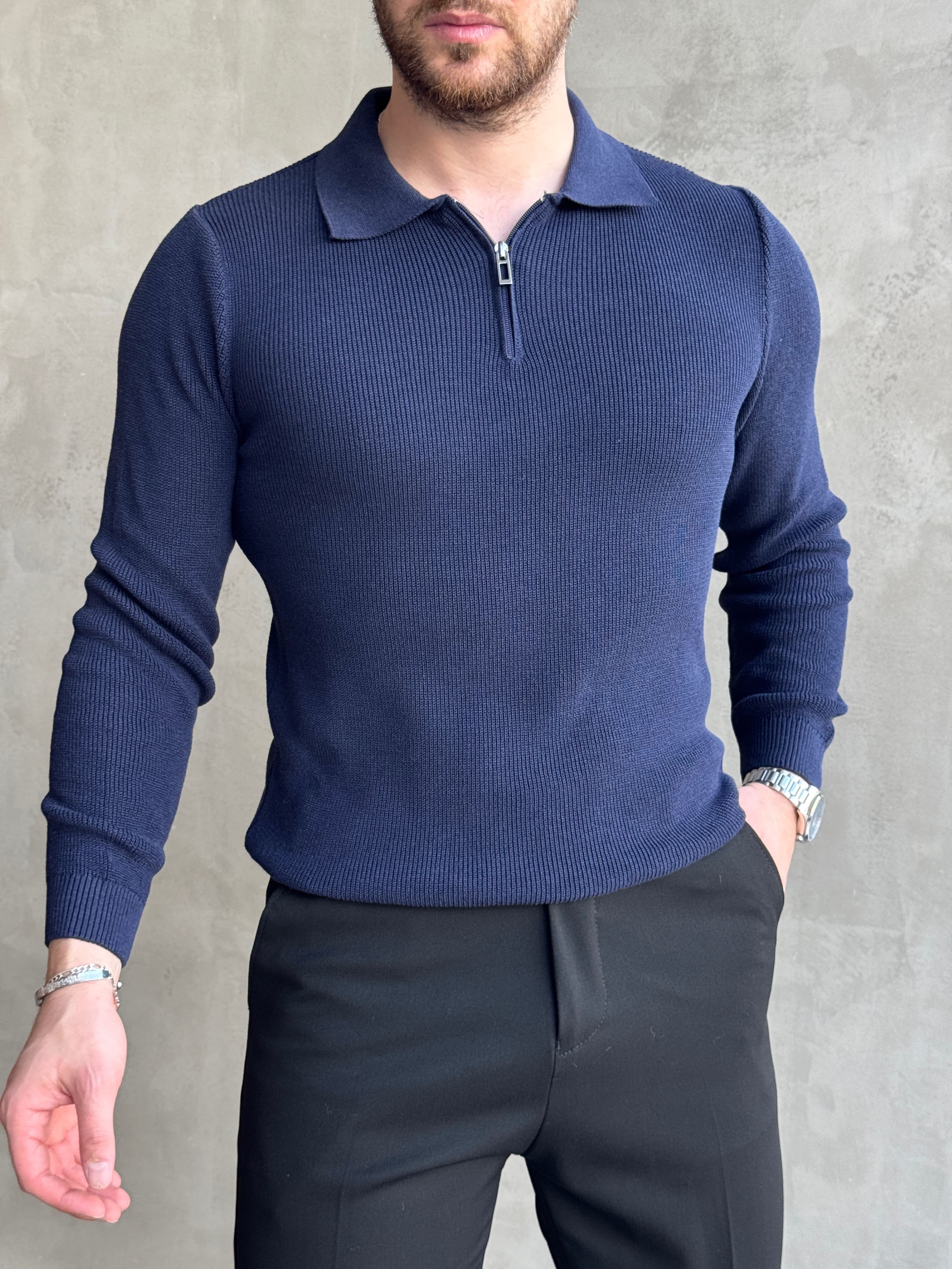 Erkek Yeni Sezon Regular Fit Yaka Fermuar Detaylı Triko Kazak-Lacivert(E1790)Ketench
