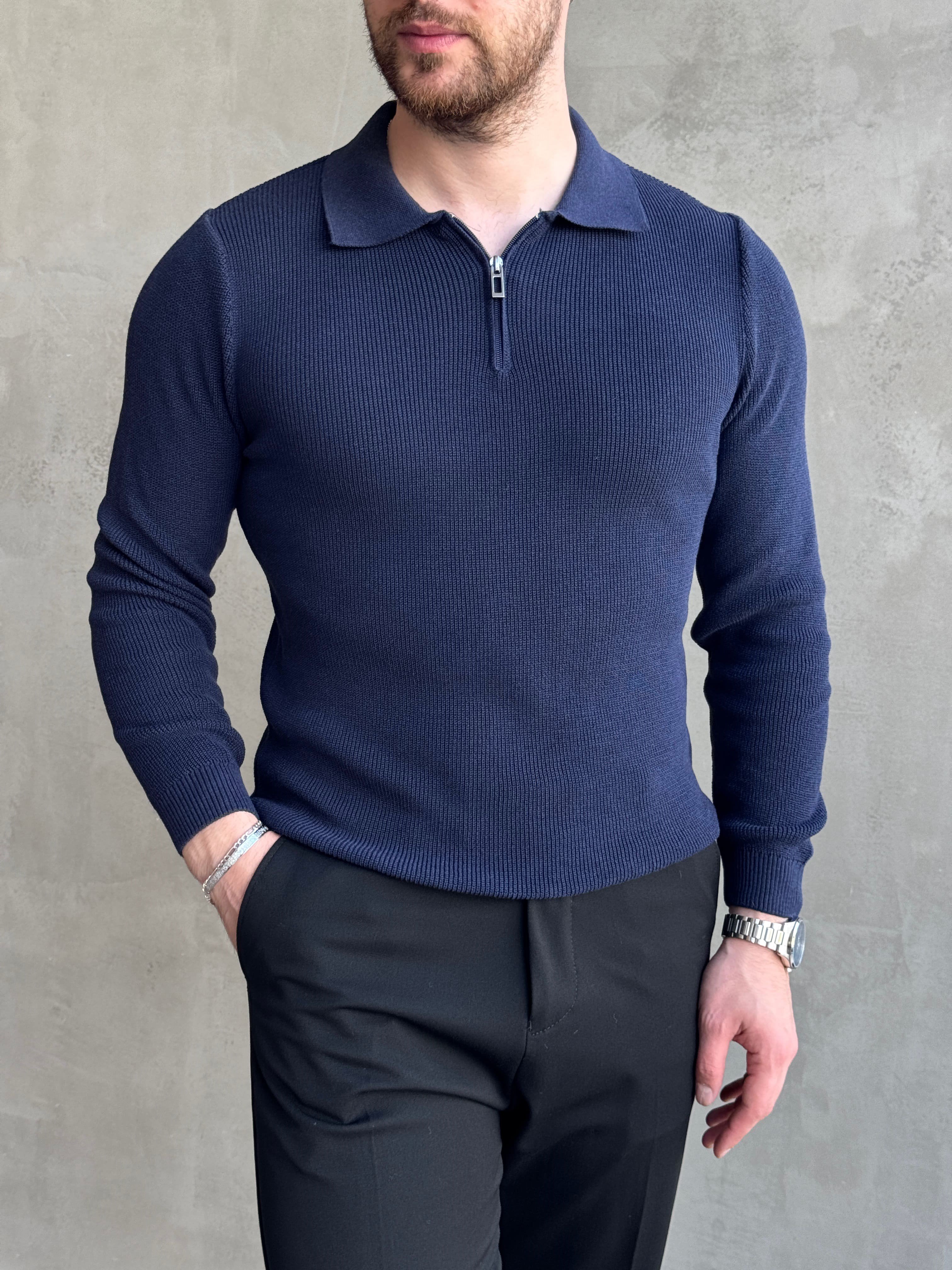 Erkek Yeni Sezon Regular Fit Yaka Fermuar Detaylı Triko Kazak-Lacivert(E1790)Ketench