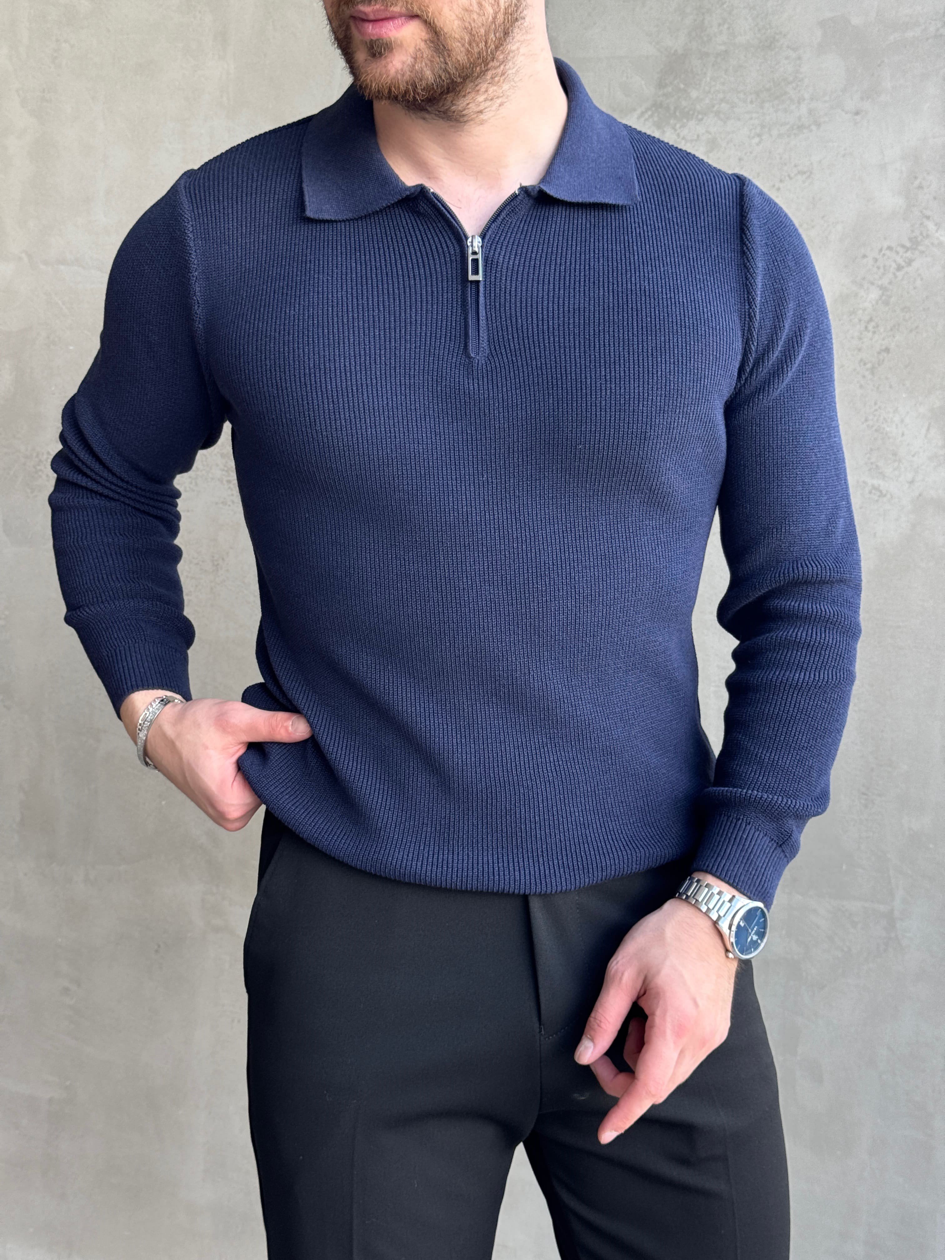 Erkek Yeni Sezon Regular Fit Yaka Fermuar Detaylı Triko Kazak-Lacivert(E1790)Ketench