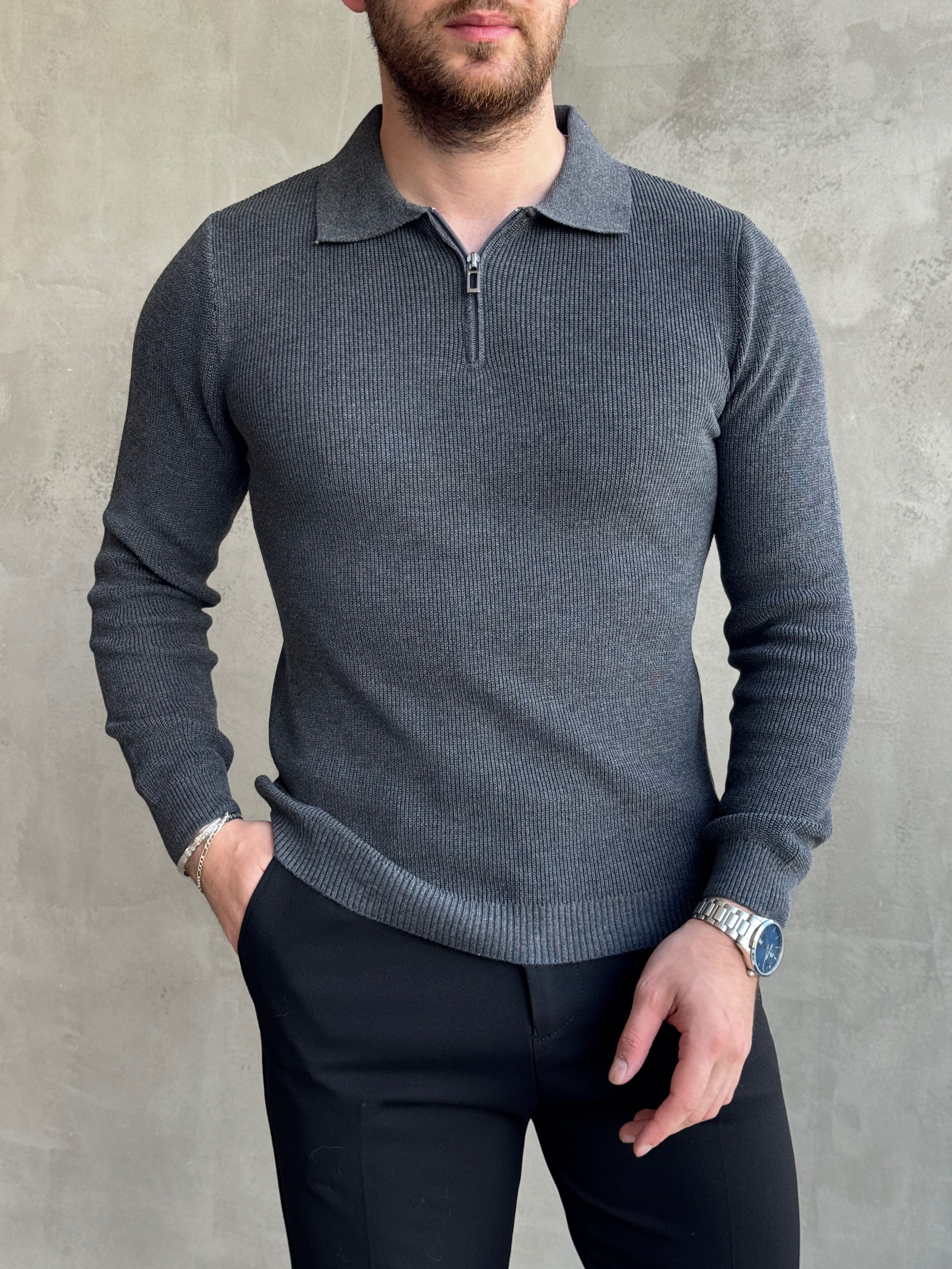 Erkek Yeni Sezon Regular Fit Yaka Fermuar Detaylı Triko Kazak-Füme(E1790)Ketench