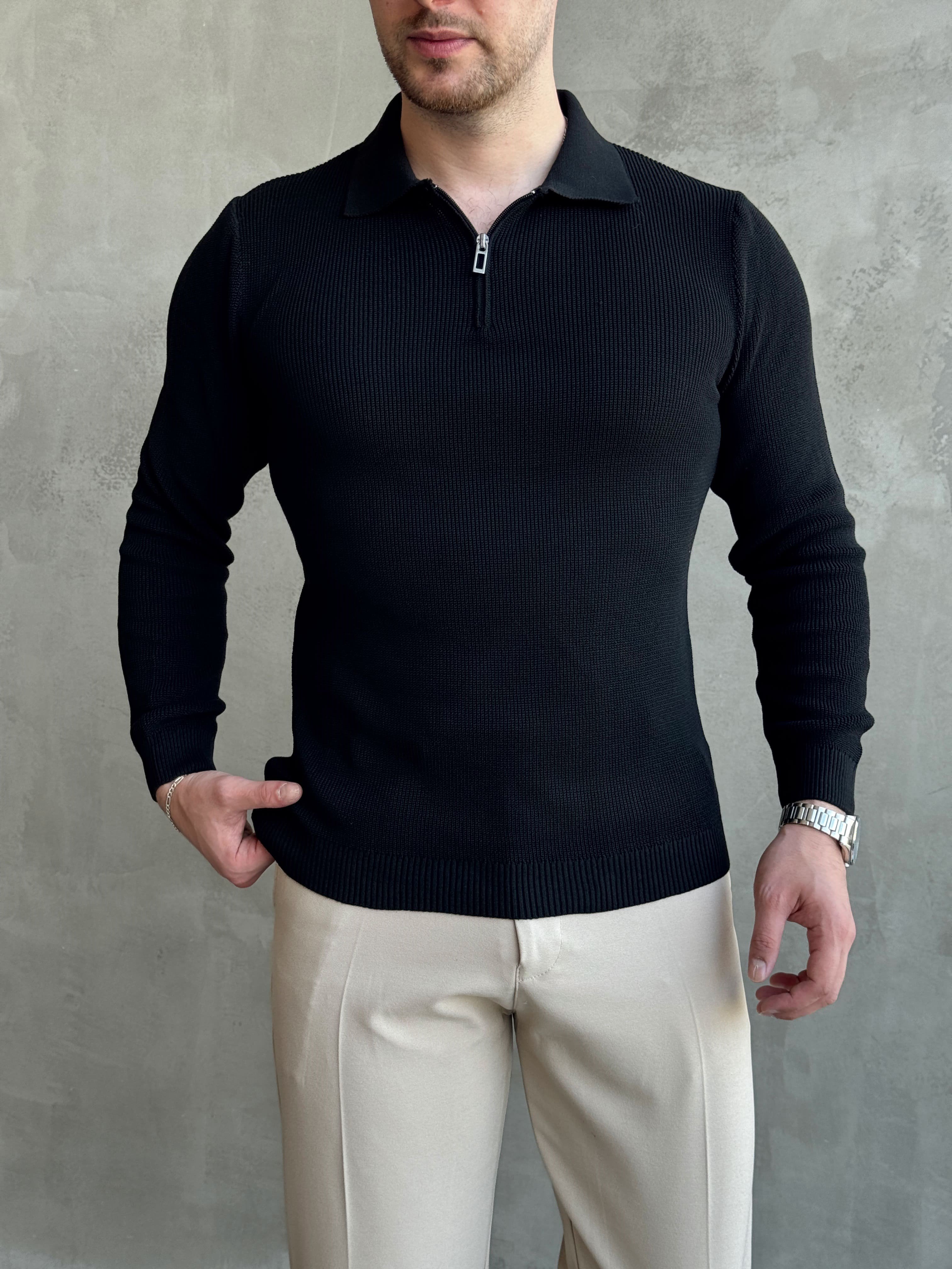 Erkek Yeni Sezon Regular Fit Yaka Fermuar Detaylı Triko Kazak-Siyah(E1790)Ketench