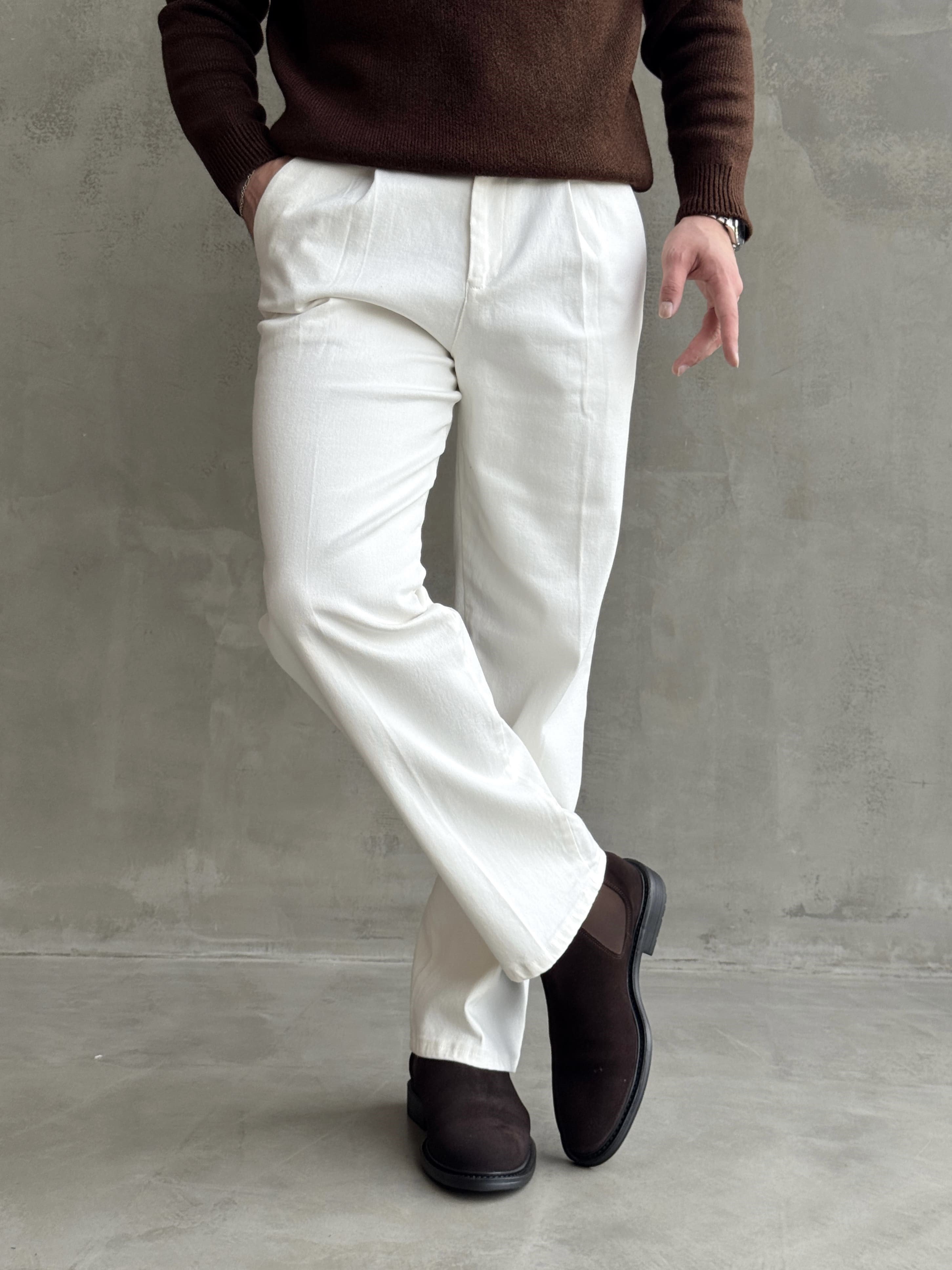 Erkek Yeni Sezon Regular Kalıp Gabardin Kumaş Kışlık Pantolon-Beyaz(E1848)Ketench