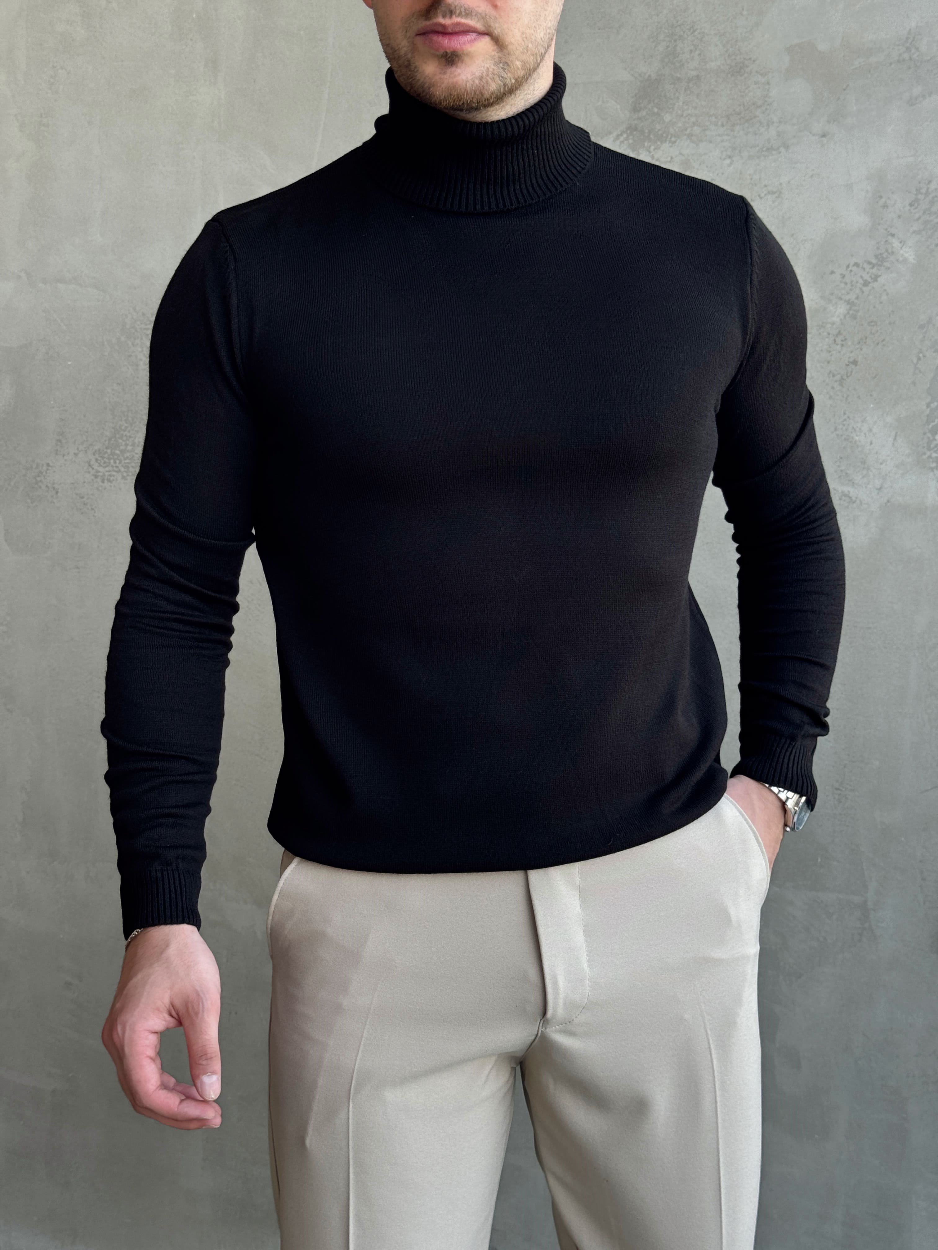 Erkek Yeni Sezon Slim Fit Kalıp Balıkçı Yaka Triko Kazak-Siyah(E1793)Ketench