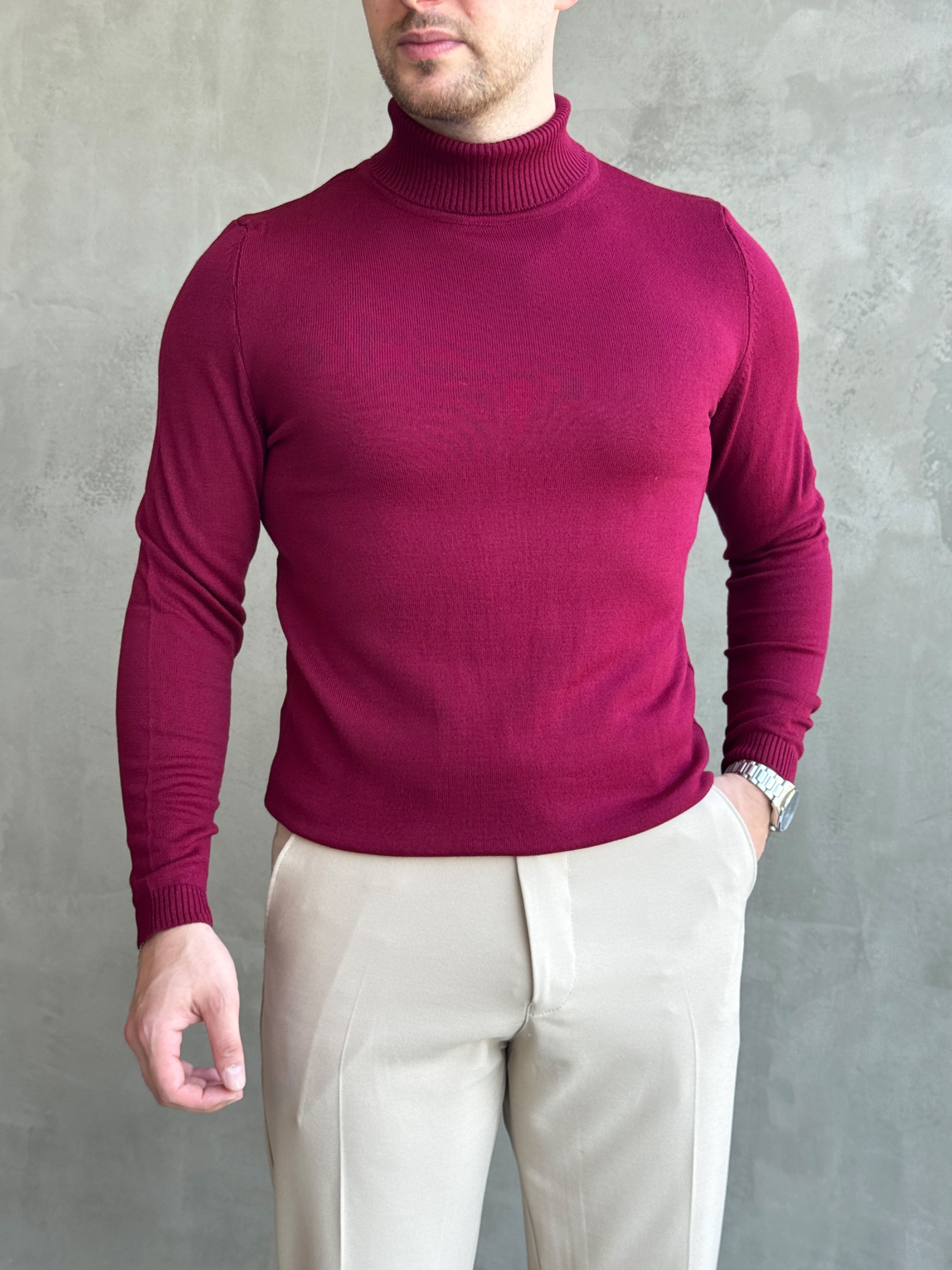 Erkek Yeni Sezon Slim Fit Kalıp Balıkçı Yaka Triko Kazak-Bordo(E1793)Ketench