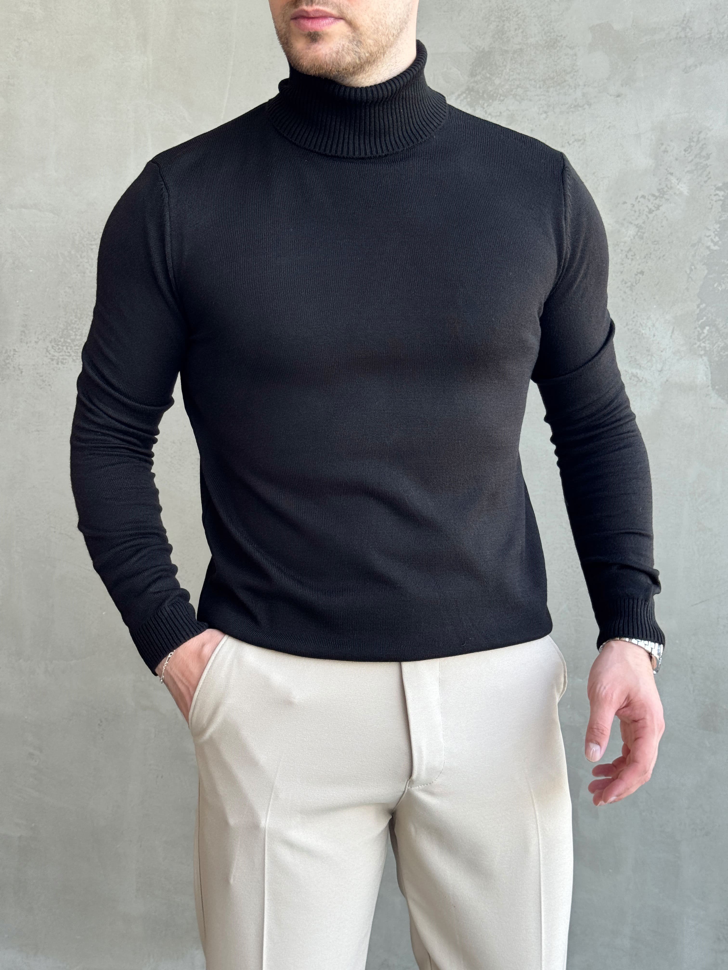 Erkek Yeni Sezon Slim Fit Kalıp Balıkçı Yaka Triko Kazak-Siyah(E1793)Ketench