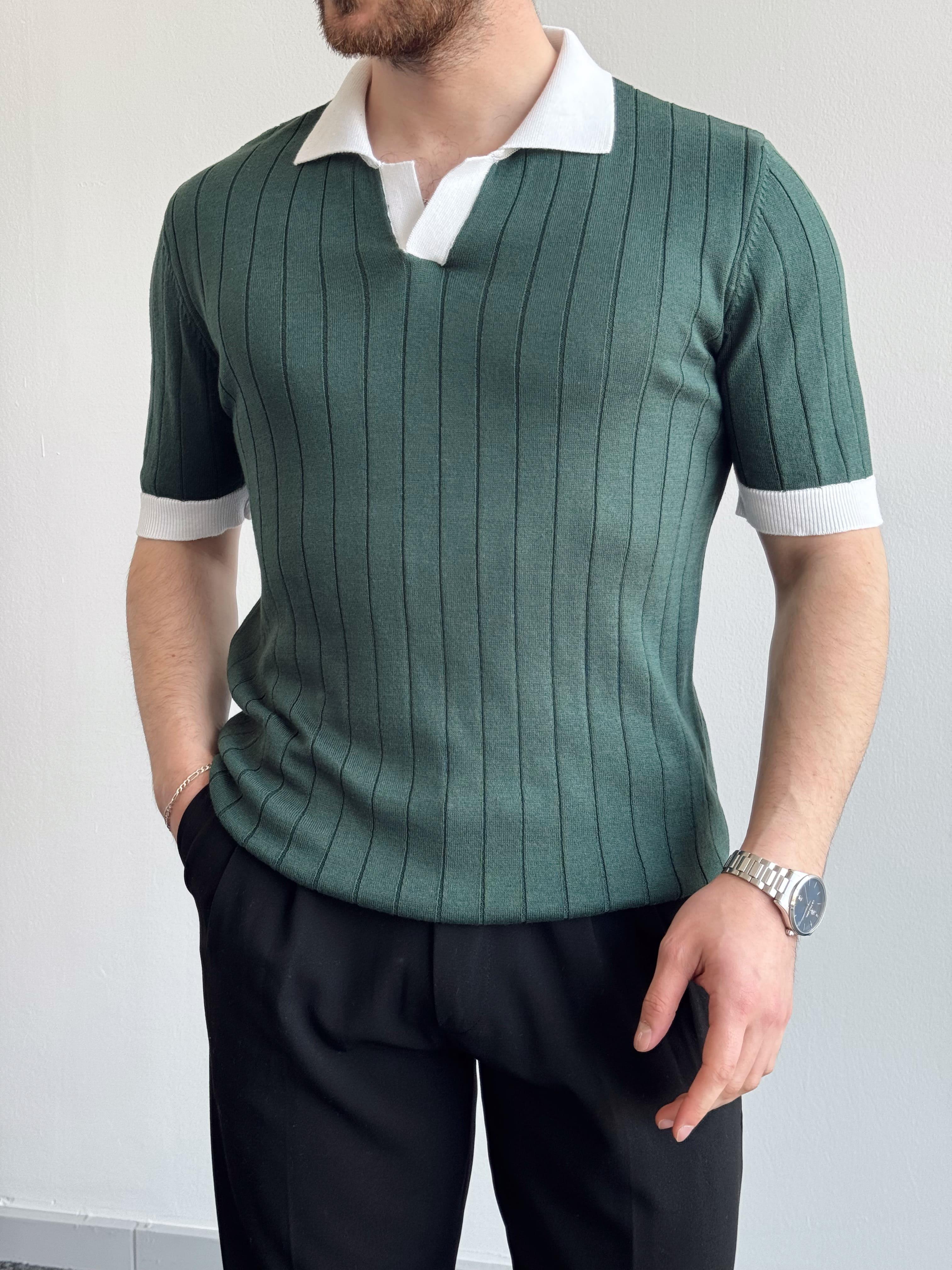 Erkek Yeni Sezon Stil Şerit Detay Polo Yaka Triko T-Shirt-Yeşil(E1403)Ketench