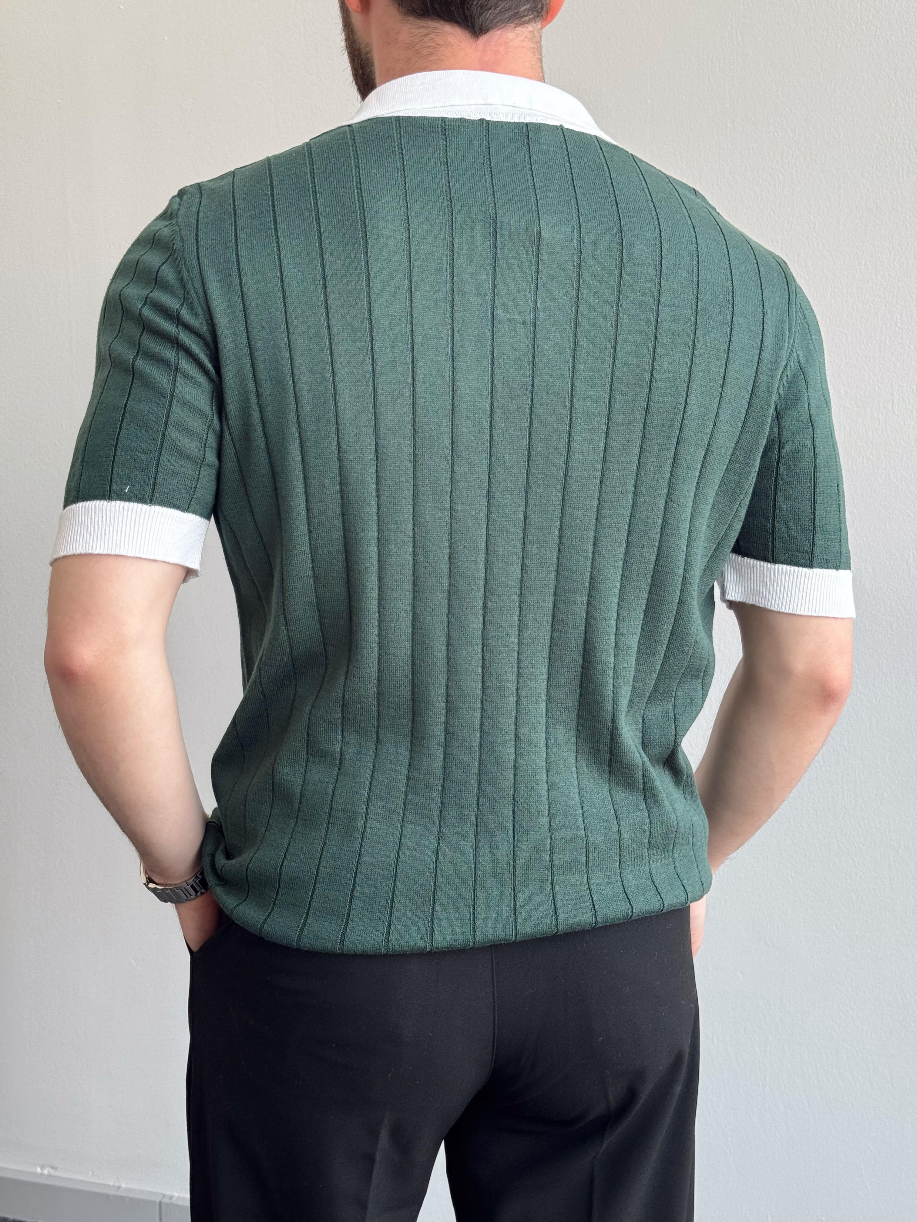 Erkek Yeni Sezon Stil Şerit Detay Polo Yaka Triko T-Shirt-Yeşil(E1403)Ketench