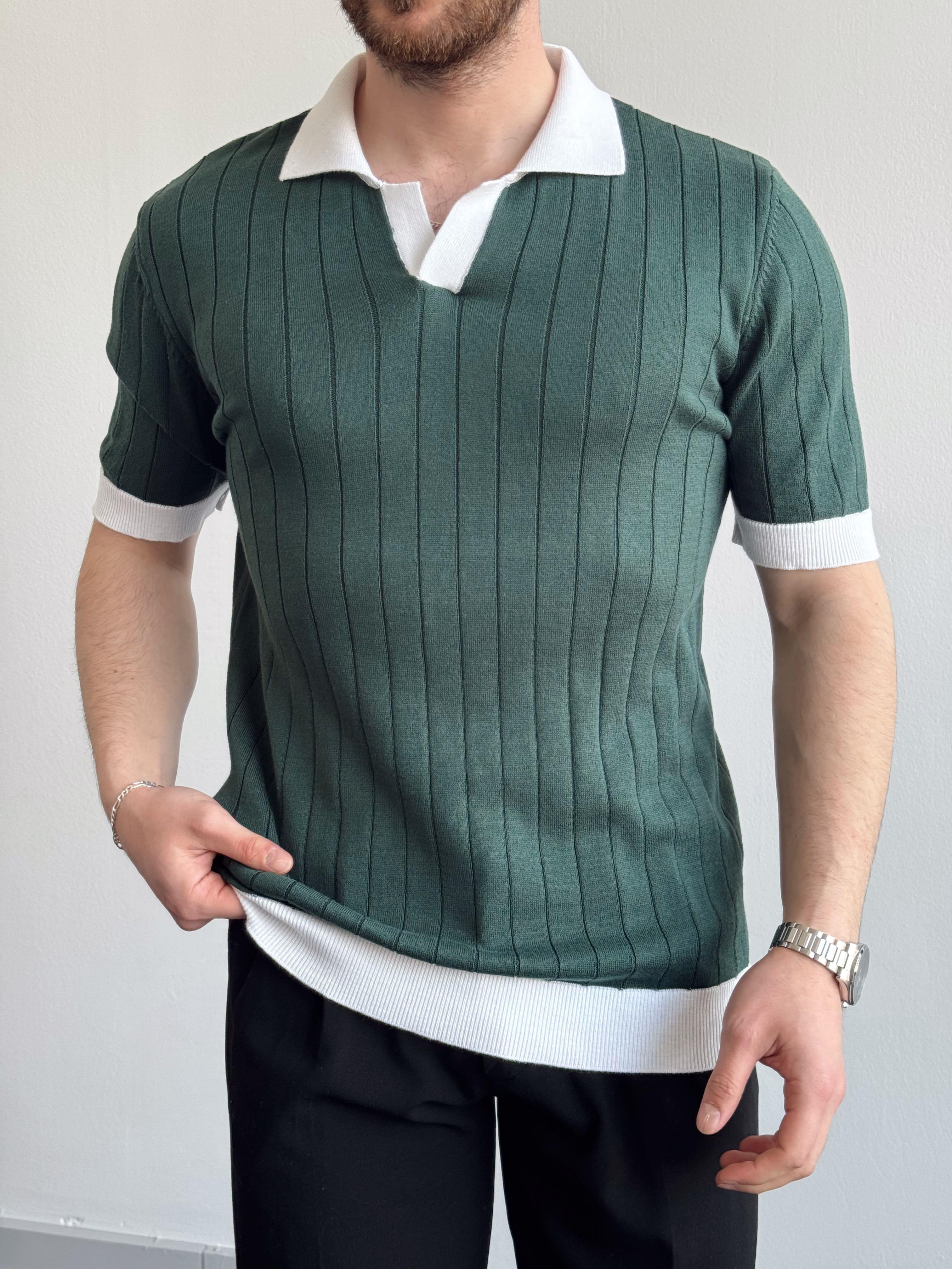 Erkek Yeni Sezon Stil Şerit Detay Polo Yaka Triko T-Shirt-Yeşil(E1403)Ketench