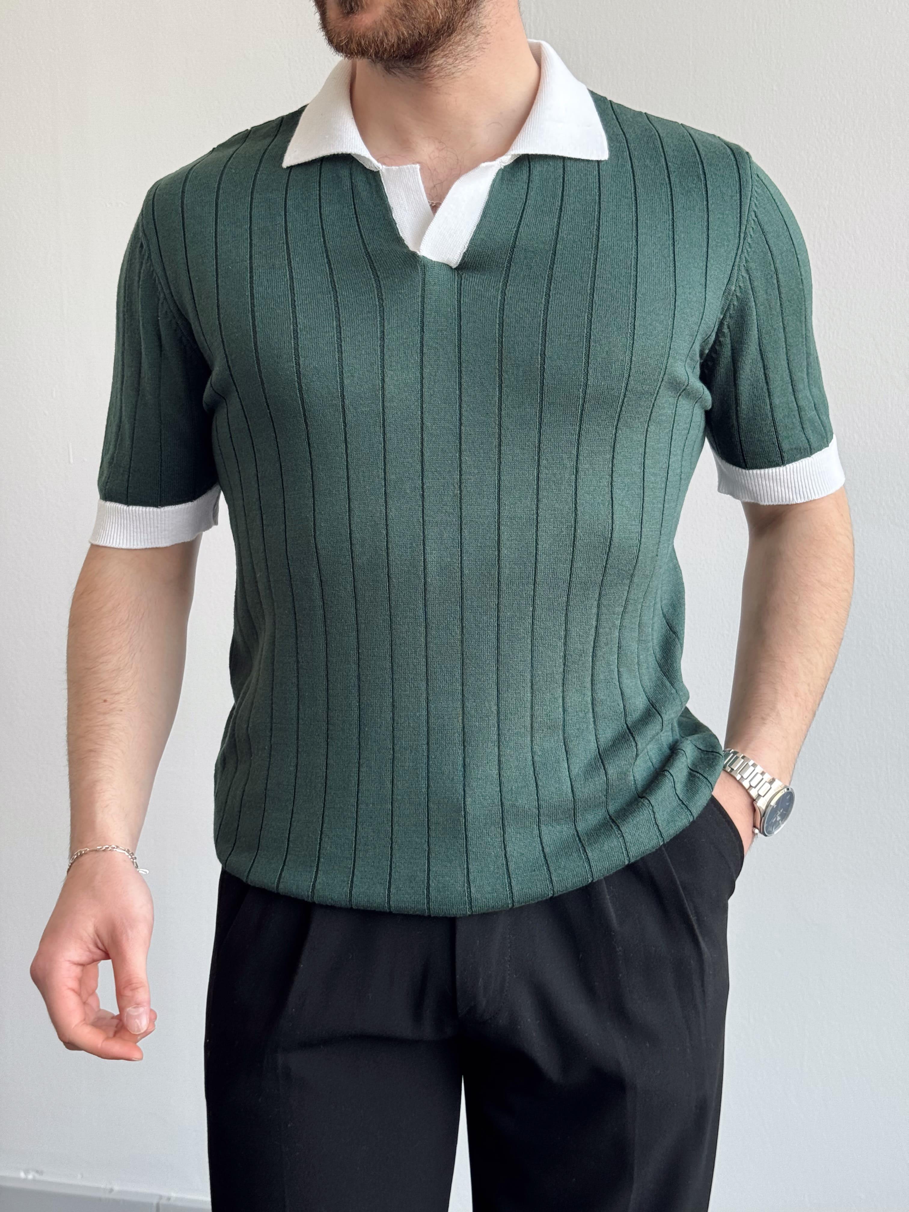 Erkek Yeni Sezon Stil Şerit Detay Polo Yaka Triko T-Shirt-Yeşil(E1403)Ketench