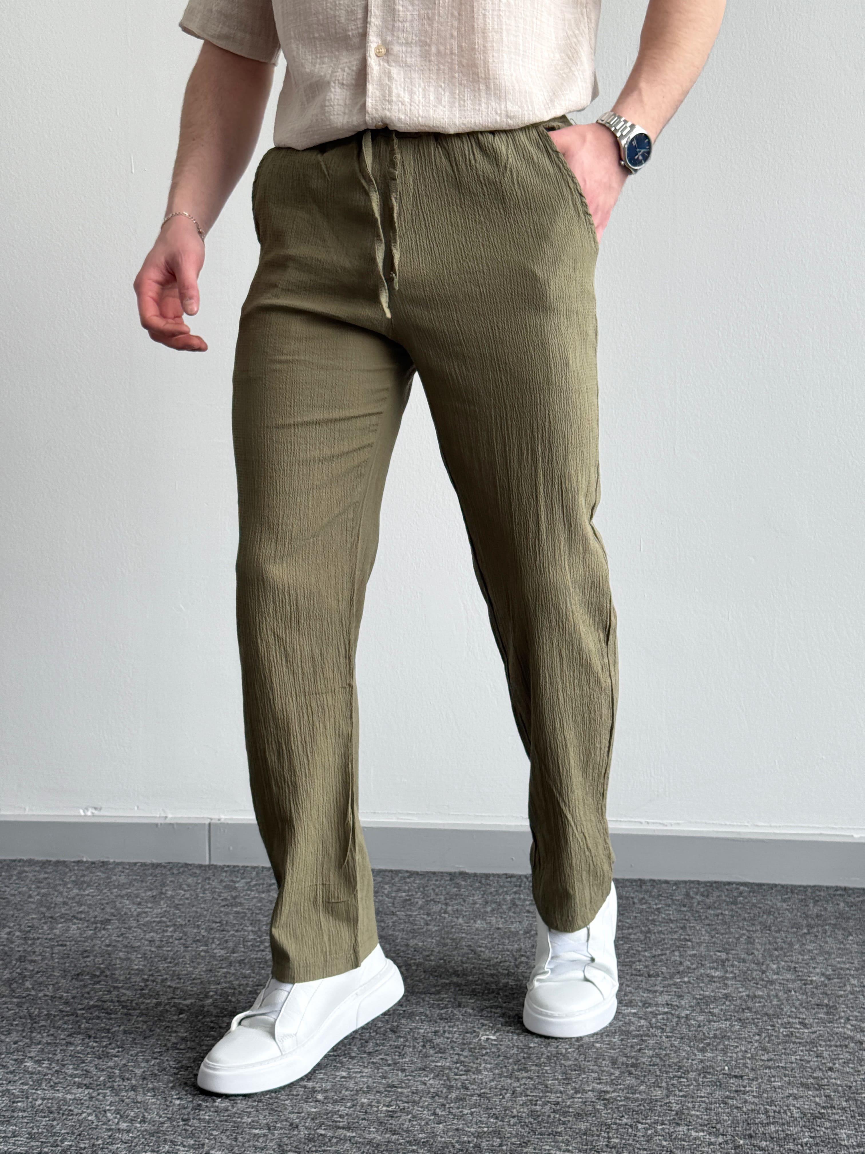 Erkek Yüksek Kalite Beli Lastikli Baggy Kalıp Pile Detaylı Krinkıl Kumaş Pantolon-Haki(E1329)Ketench