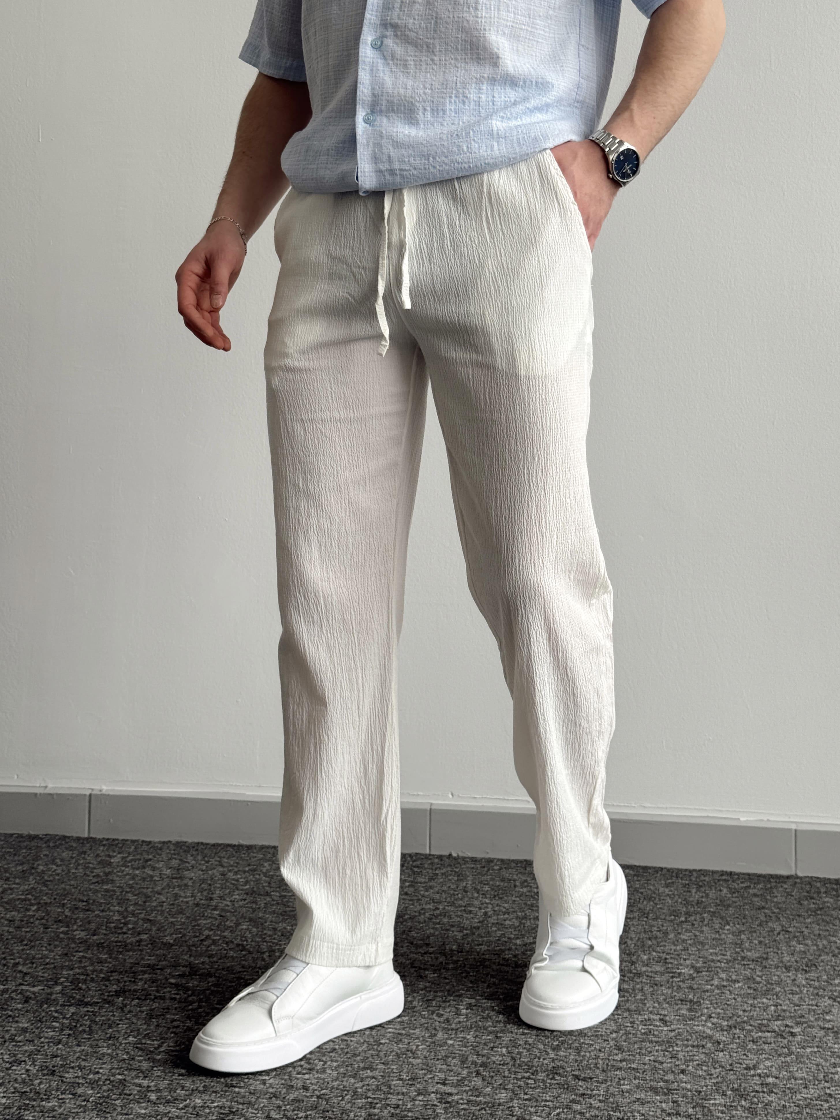 Erkek Yüksek Kalite Beli Lastikli Baggy Kalıp Pile Detaylı Krinkıl Kumaş Pantolon-Beyaz(E1329)Ketench