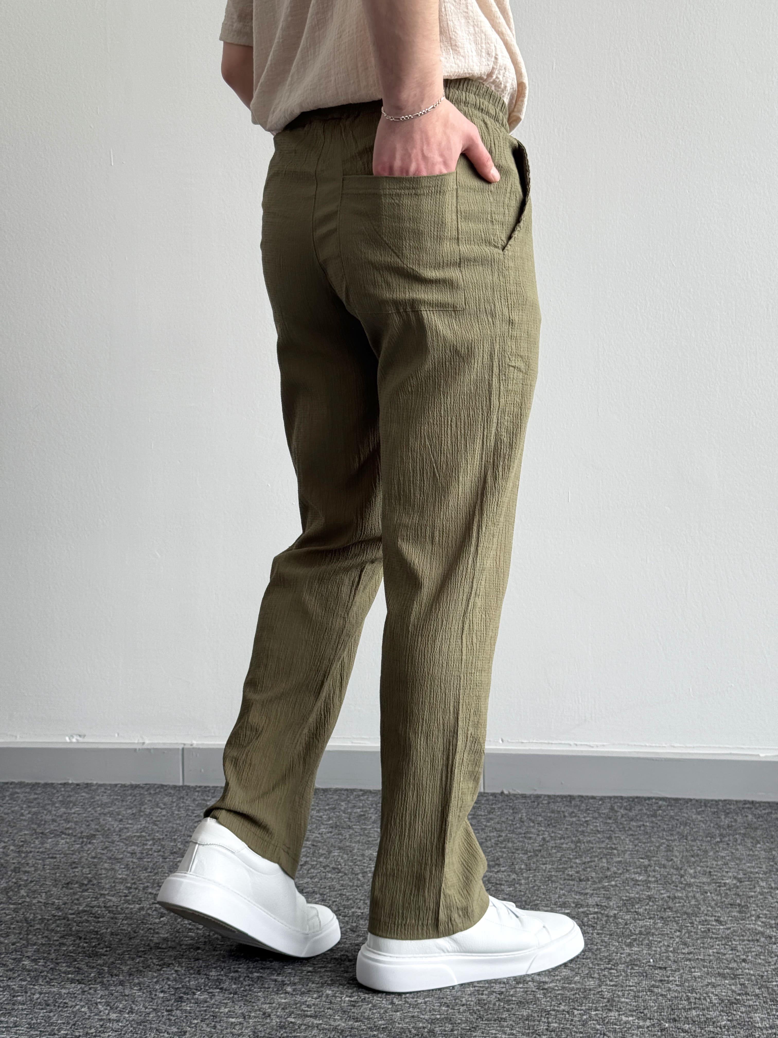 Erkek Yüksek Kalite Beli Lastikli Baggy Kalıp Pile Detaylı Krinkıl Kumaş Pantolon-Haki(E1329)Ketench