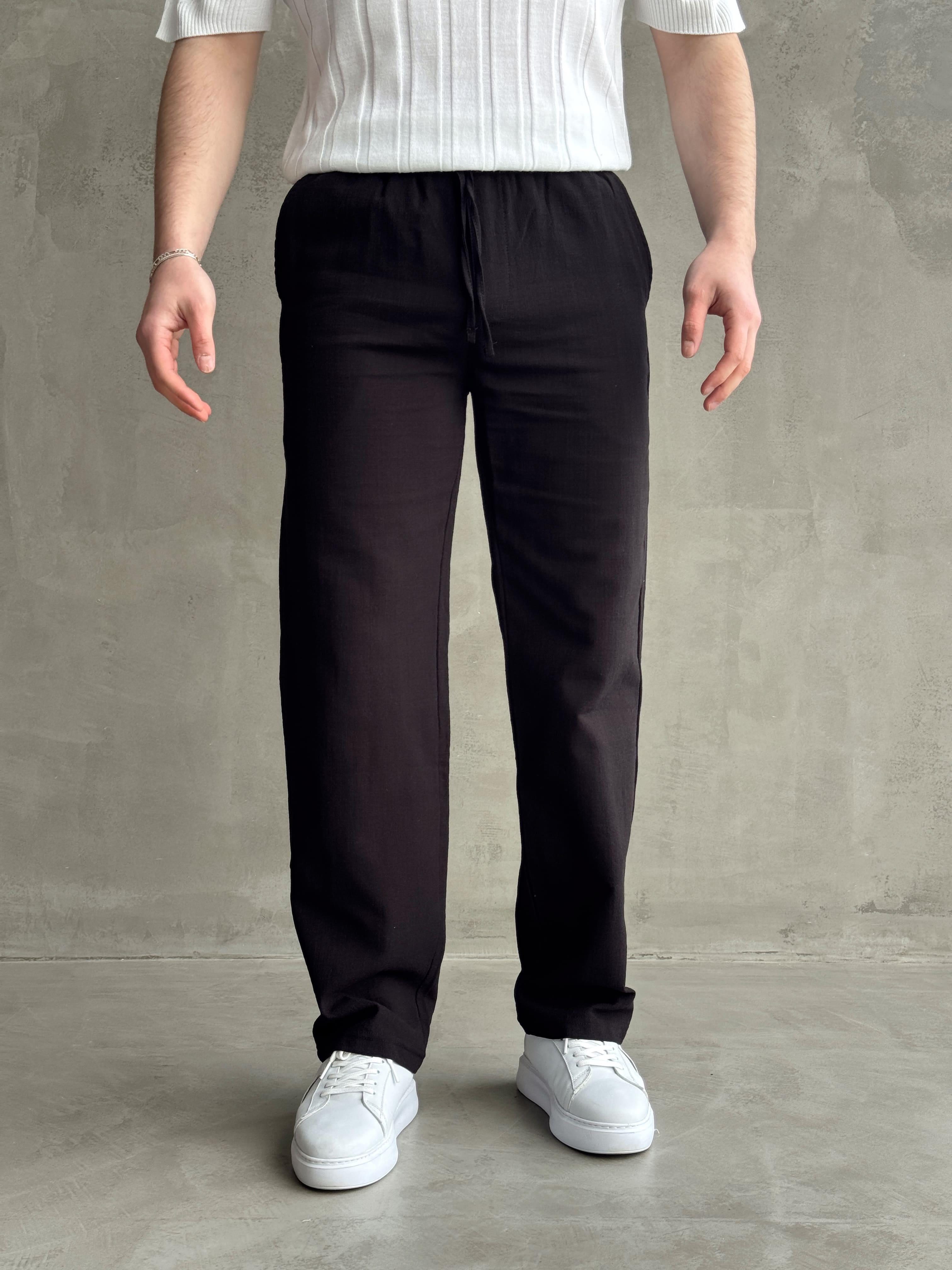 Erkek Yüksek Kalite Beli Lastikli Baggy Kalıp Flamlı Keten Pantolon-Siyah(E1616)Ketench