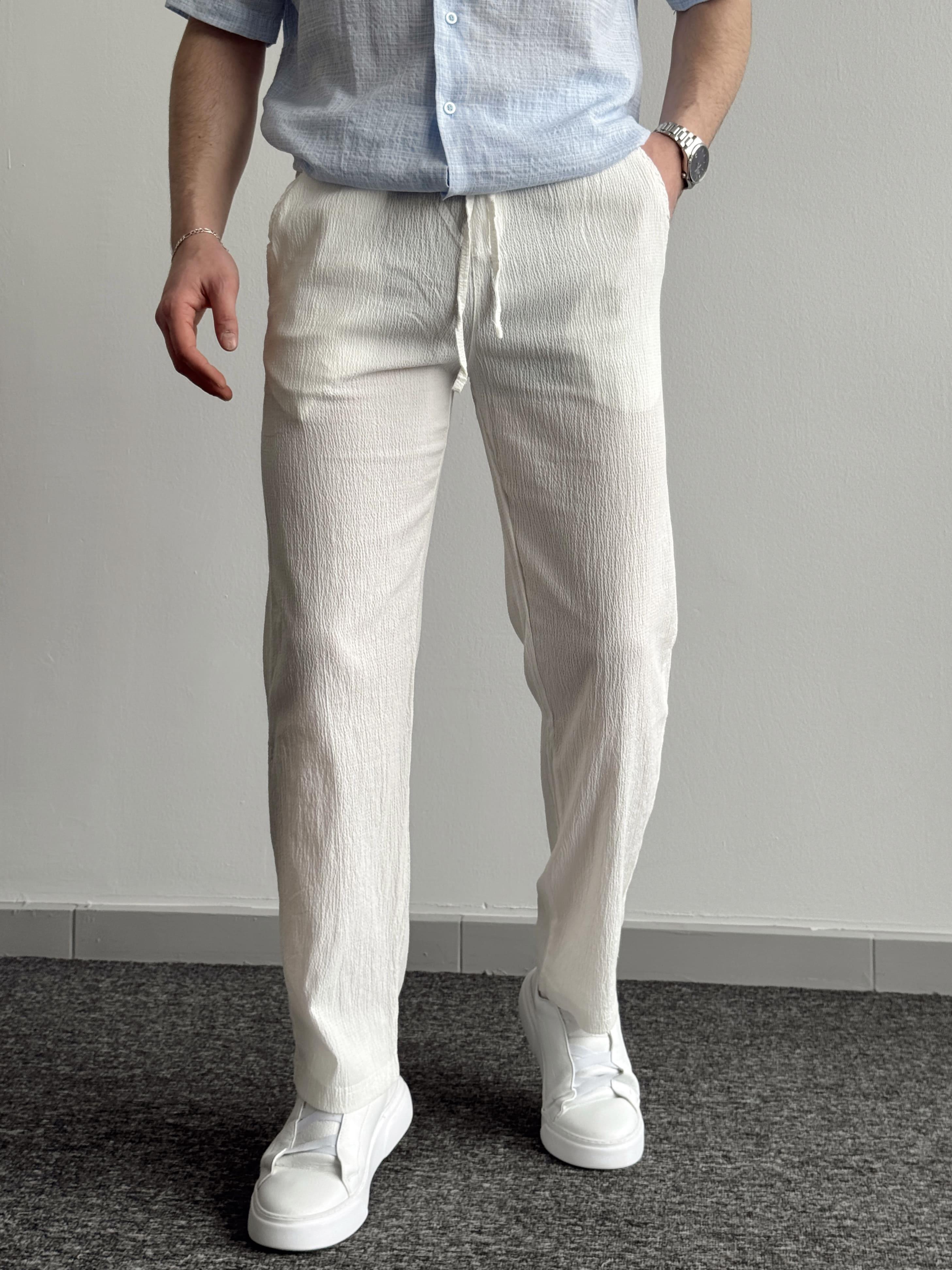 Erkek Yüksek Kalite Beli Lastikli Baggy Kalıp Pile Detaylı Krinkıl Kumaş Pantolon-Beyaz(E1329)Ketench